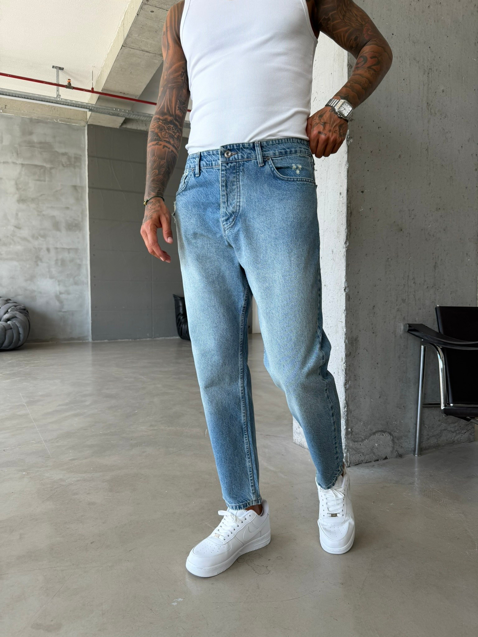 Erkek Yırtık Detaylı Boyfriend Pantolon - Mavi