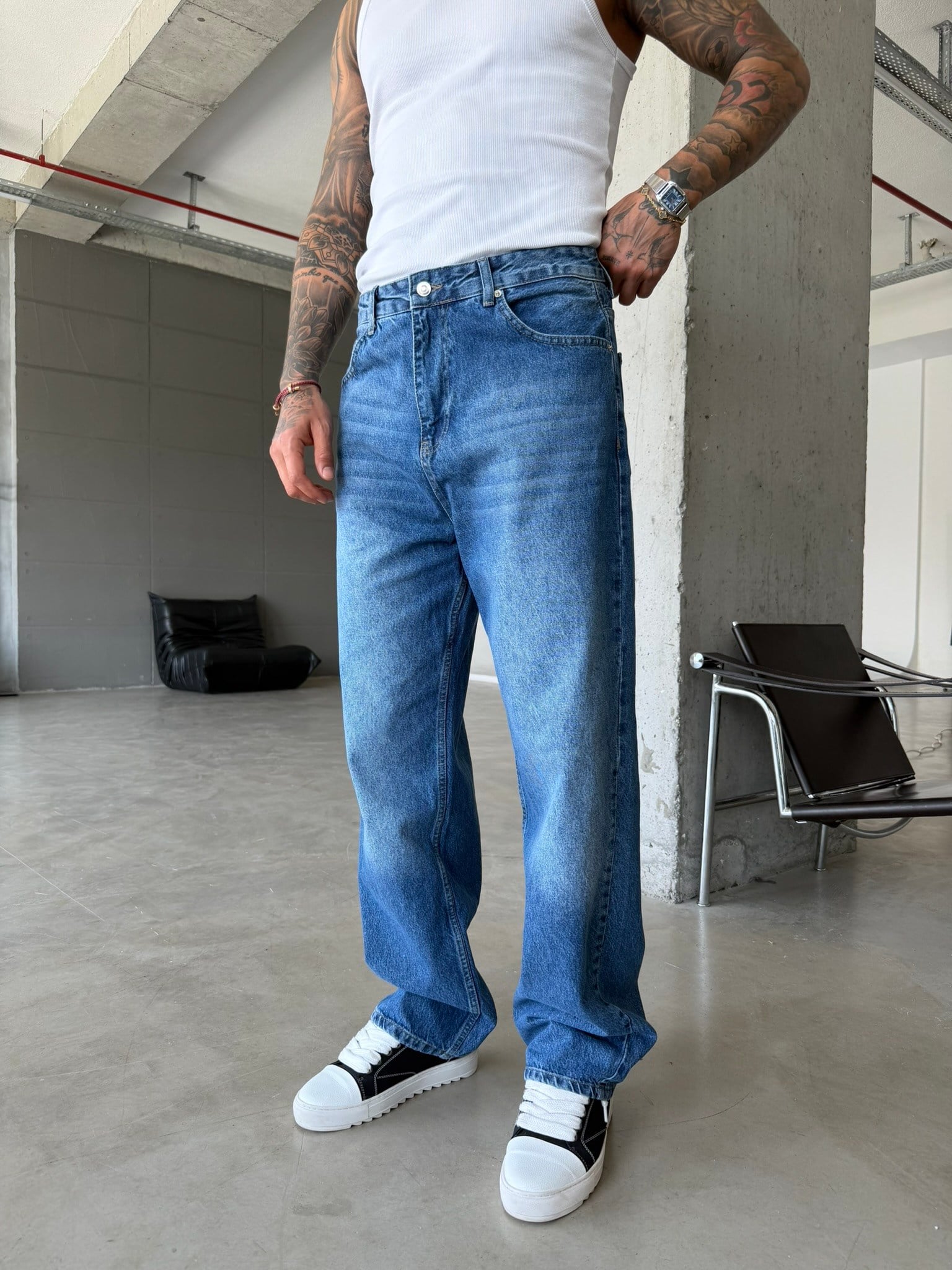 Eskitme Basic Relax Fit Baggy Pantolon - Koyu Mavi