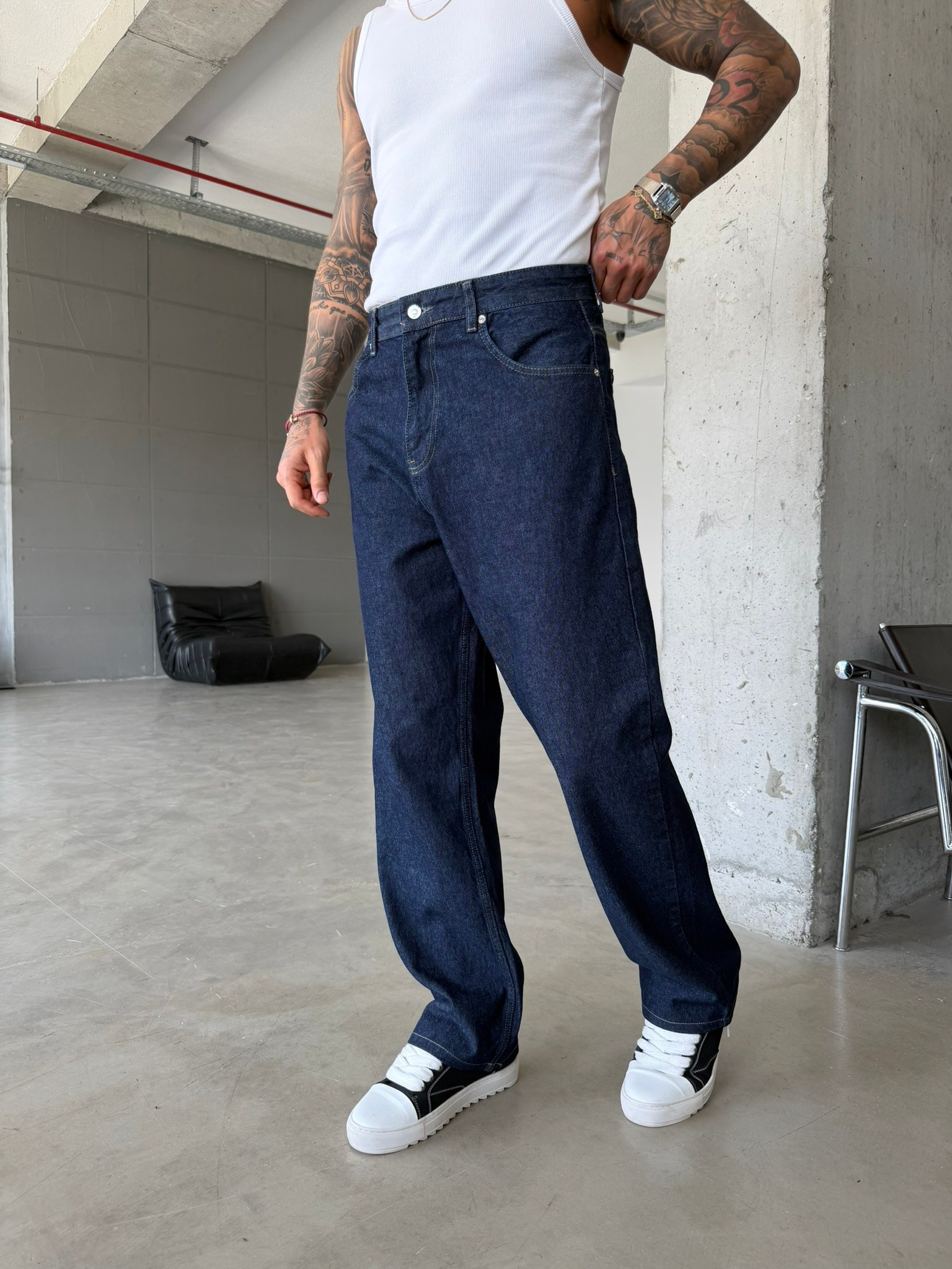 Eskitme Basic Relax Fit Baggy Pantolon -Lacivert