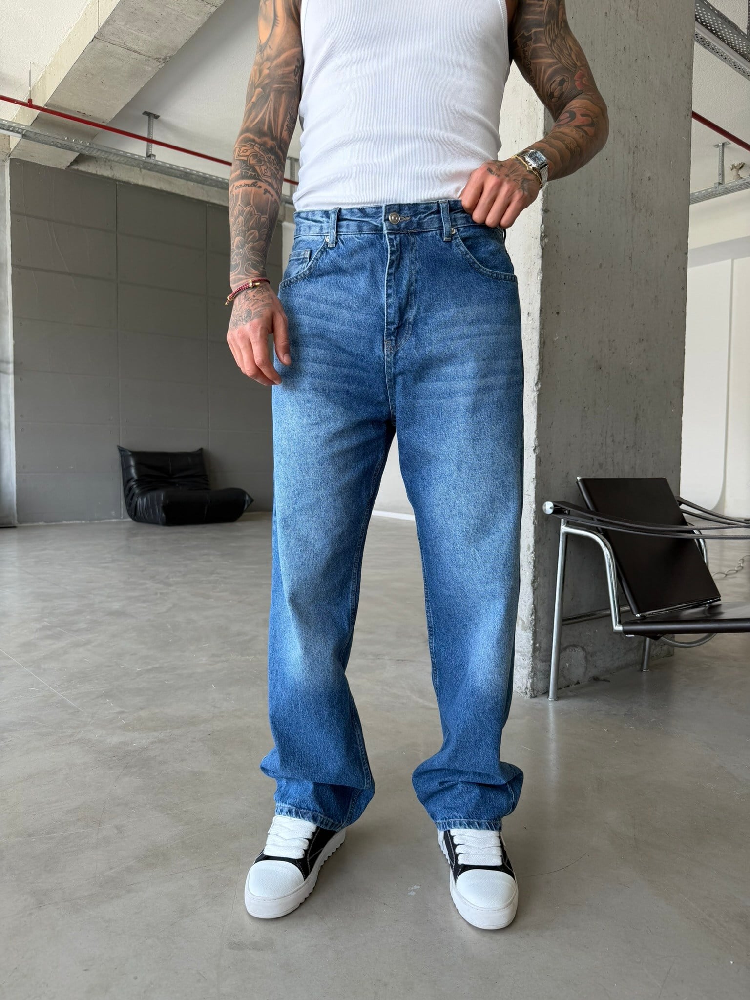 Eskitme Basic Relax Fit Baggy Pantolon - Koyu Mavi