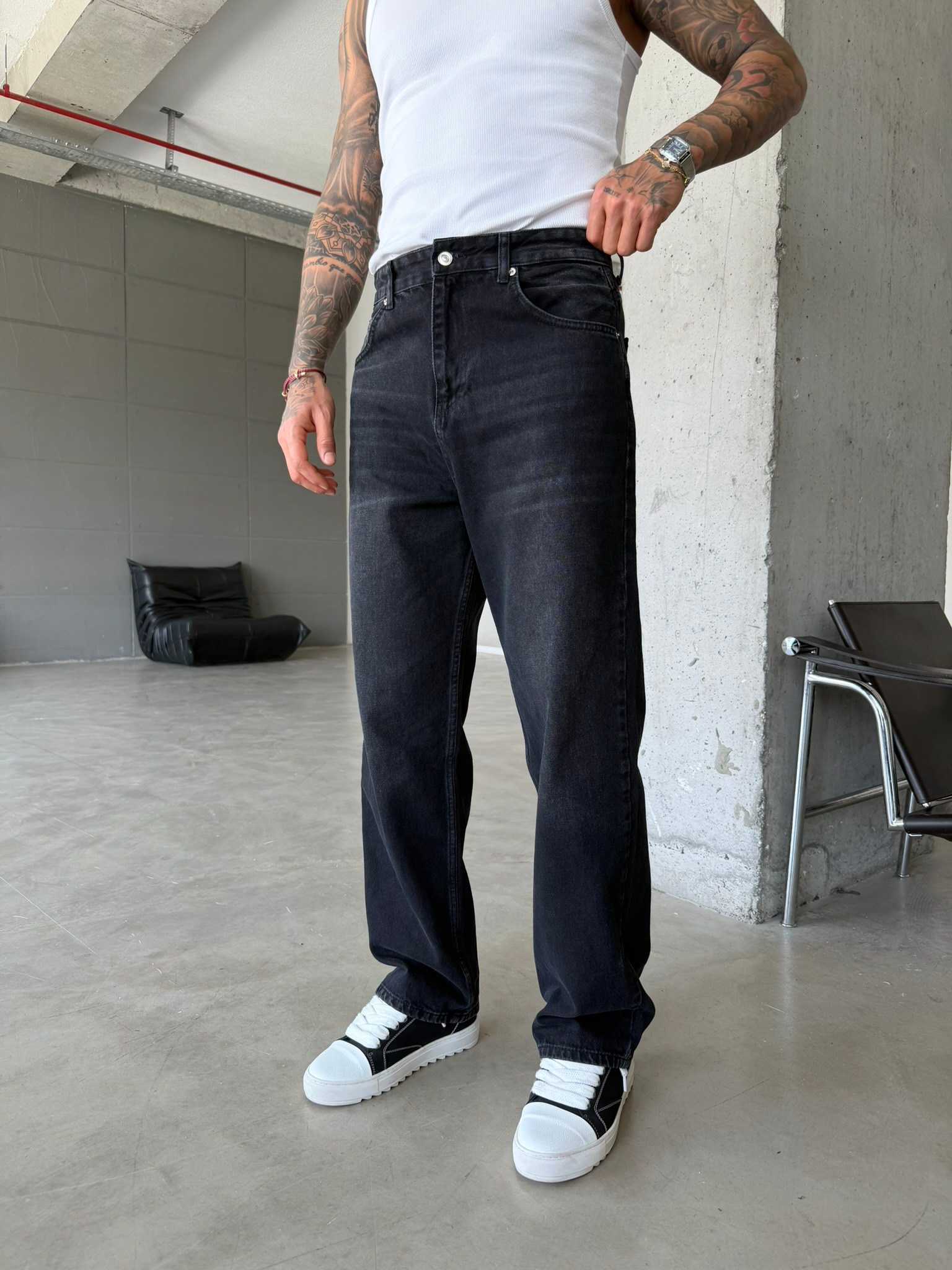 Eskitme Basic Relax Fit Baggy Pantolon - Siyah