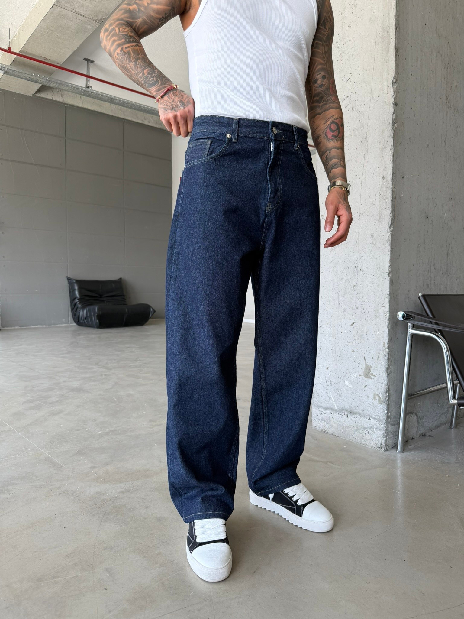 Eskitme Basic Relax Fit Baggy Pantolon -Lacivert