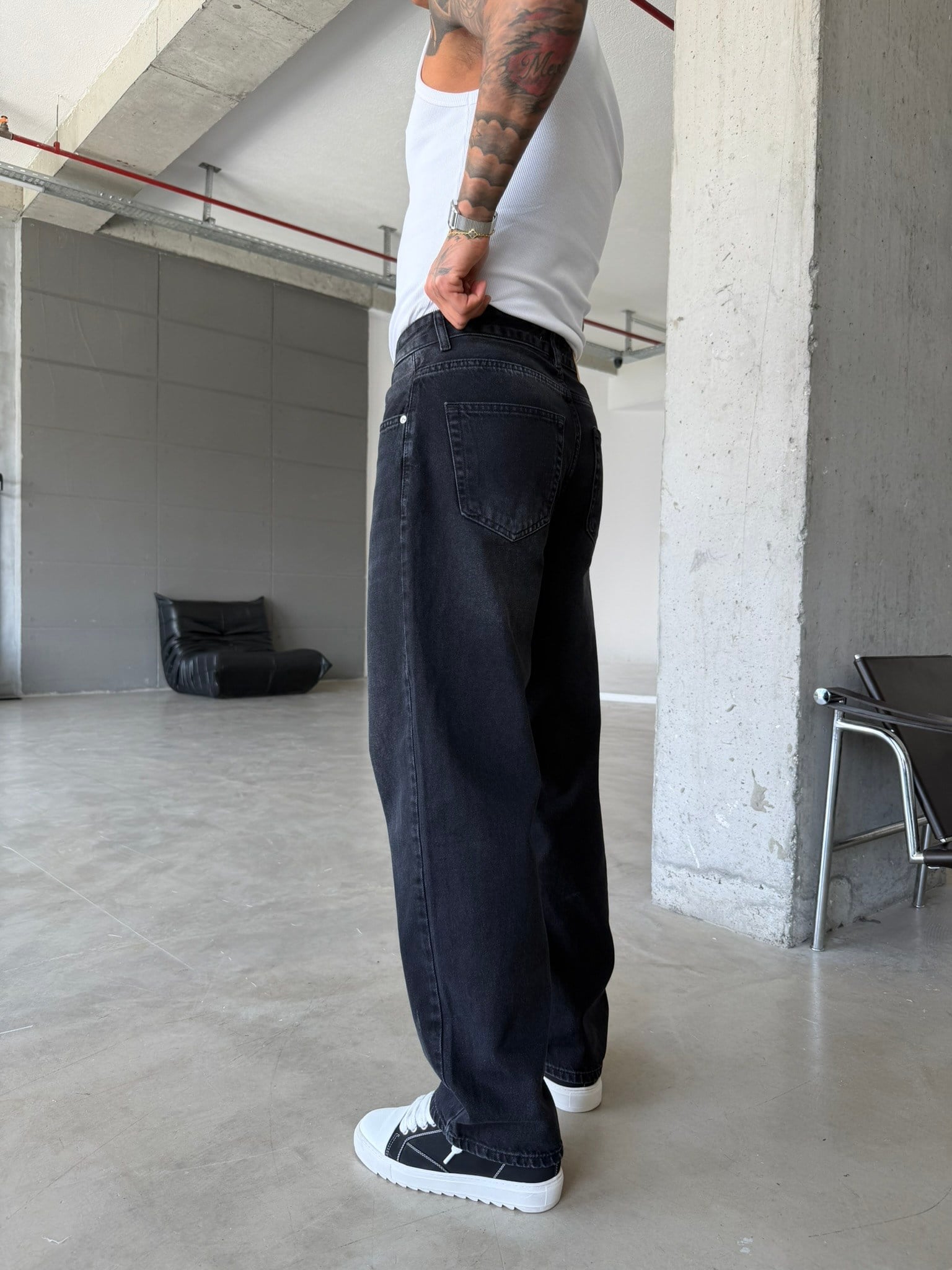 Eskitme Basic Relax Fit Baggy Pantolon - Siyah