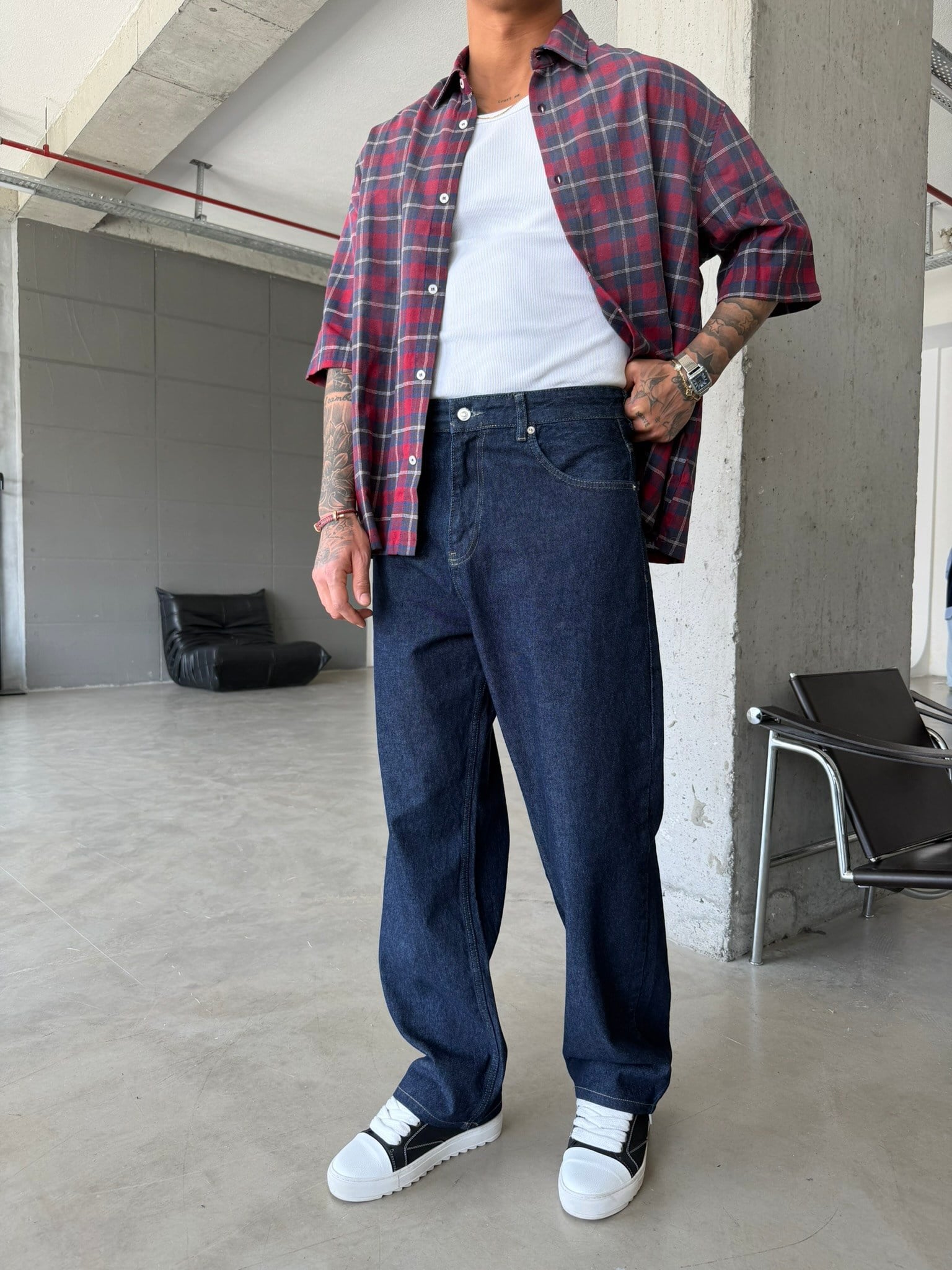 Eskitme Basic Relax Fit Baggy Pantolon -Lacivert