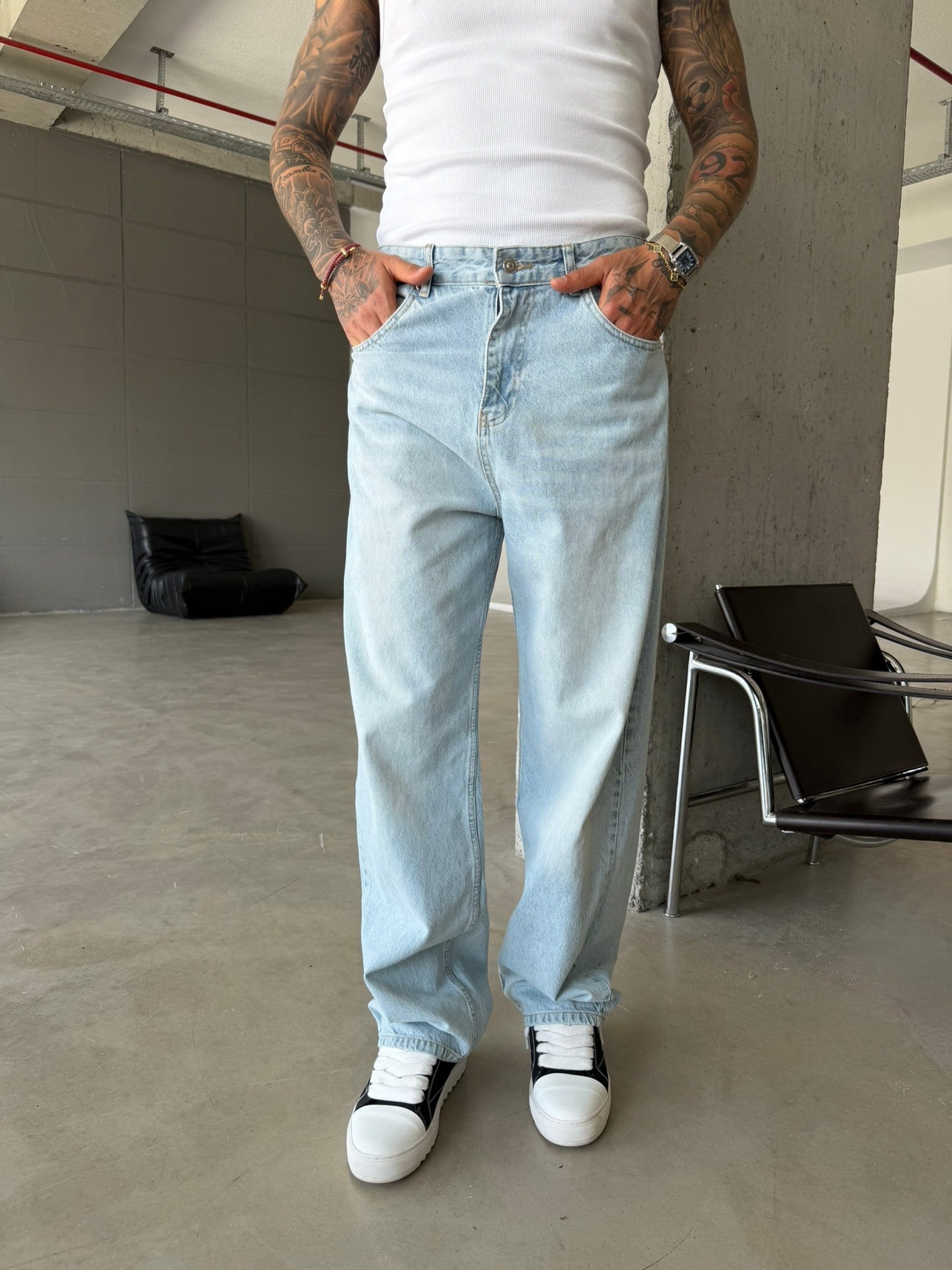 Eskitme Basic Relax Fit Baggy Pantolon - Mavi