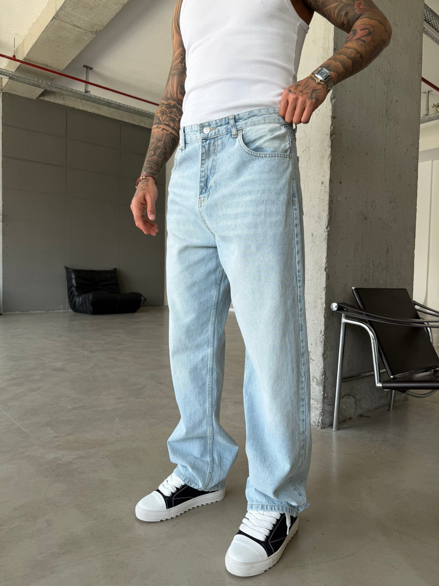 Eskitme Basic Relax Fit Baggy Pantolon - Mavi