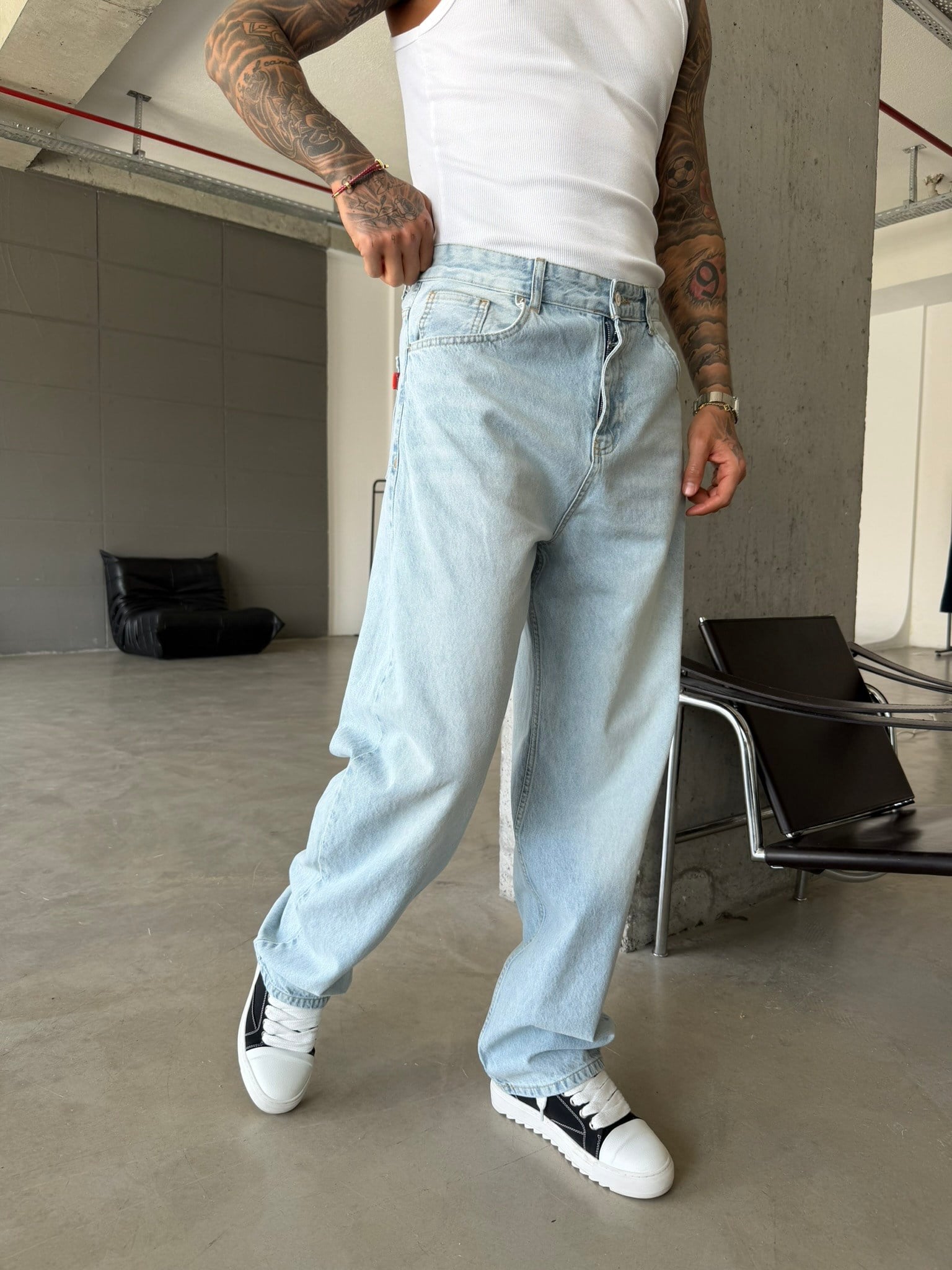 Eskitme Basic Relax Fit Baggy Pantolon - Mavi