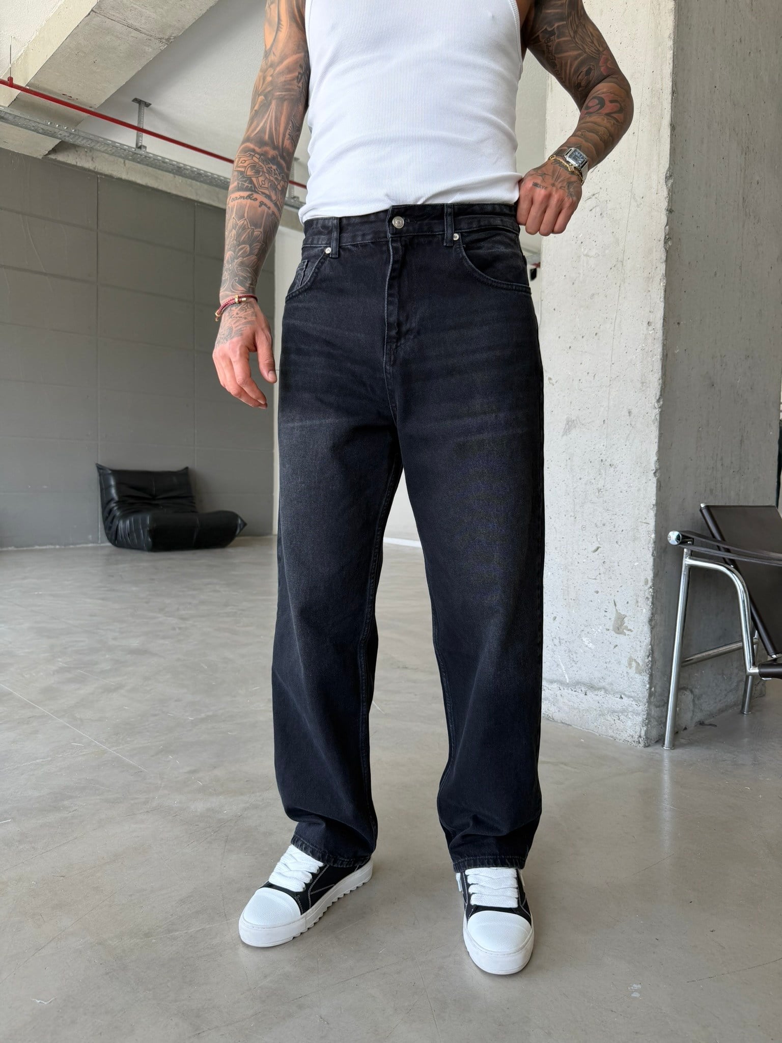 Eskitme Basic Relax Fit Baggy Pantolon - Siyah