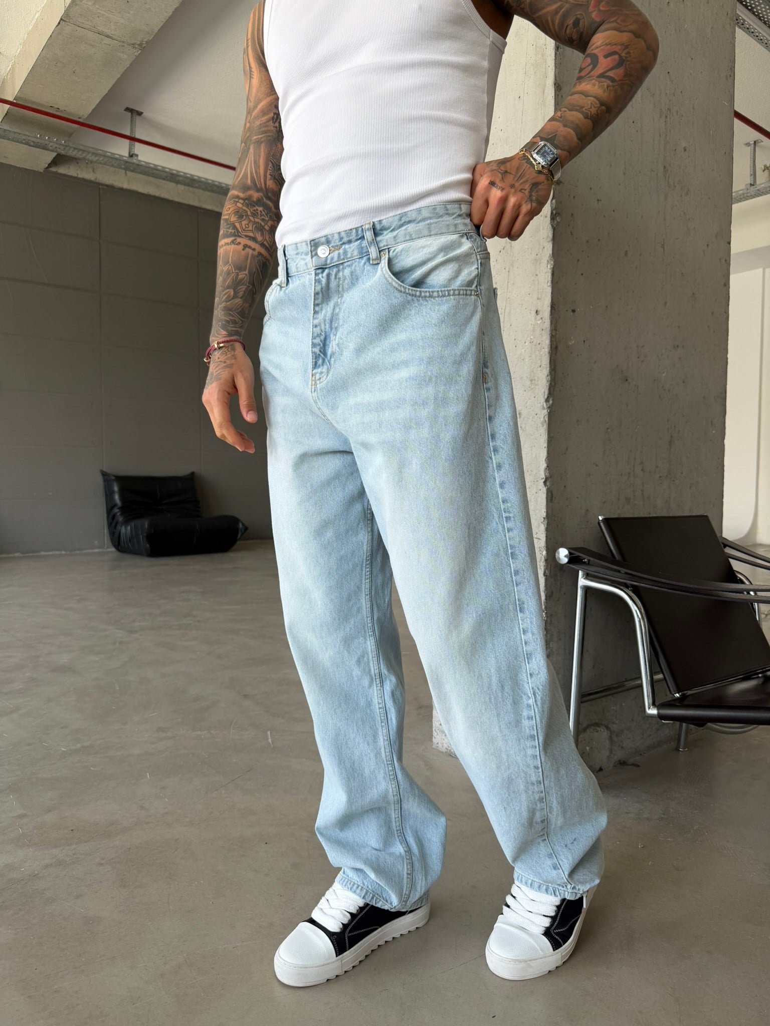 Eskitme Basic Relax Fit Baggy Pantolon - Mavi