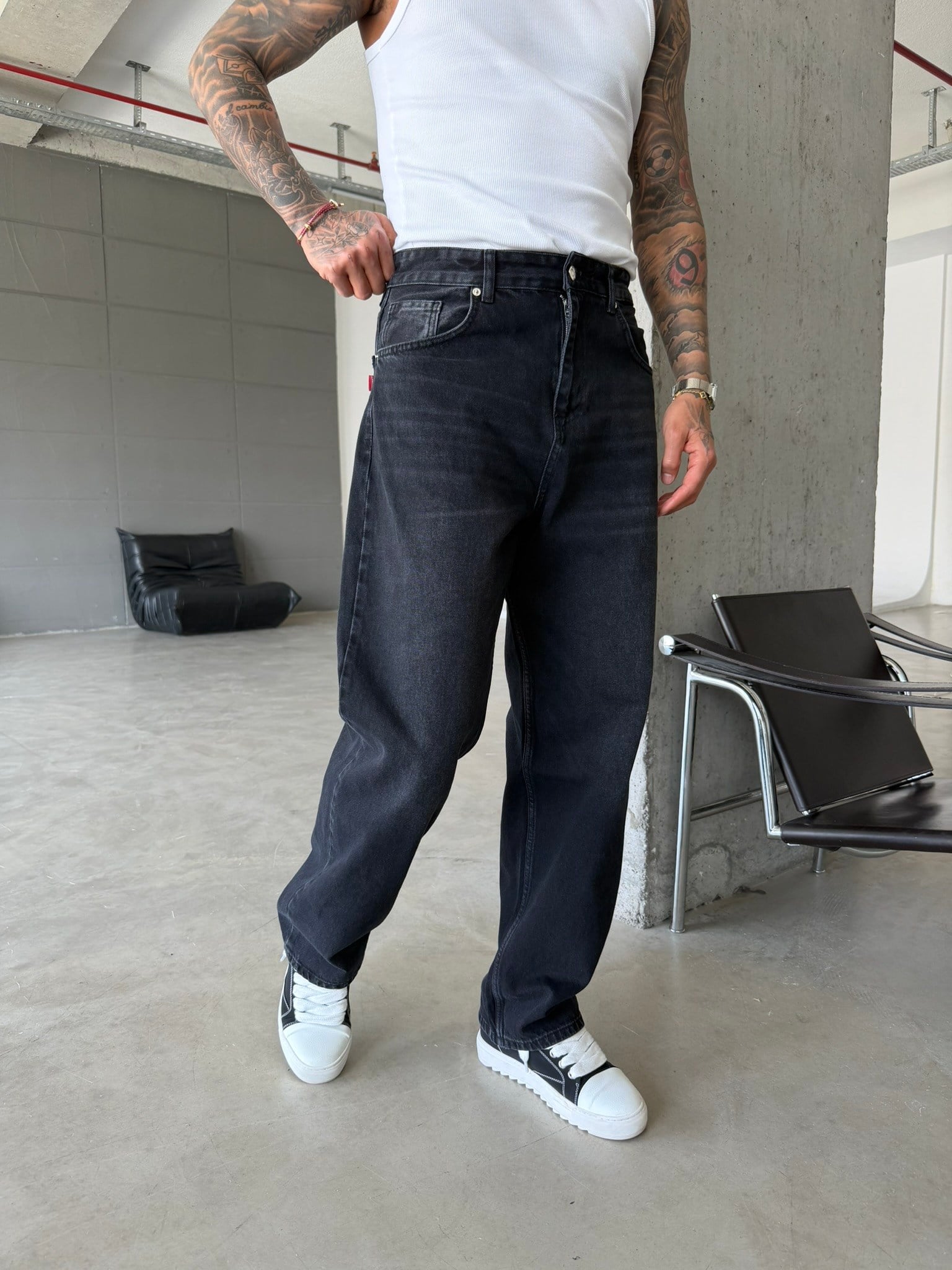 Eskitme Basic Relax Fit Baggy Pantolon - Siyah