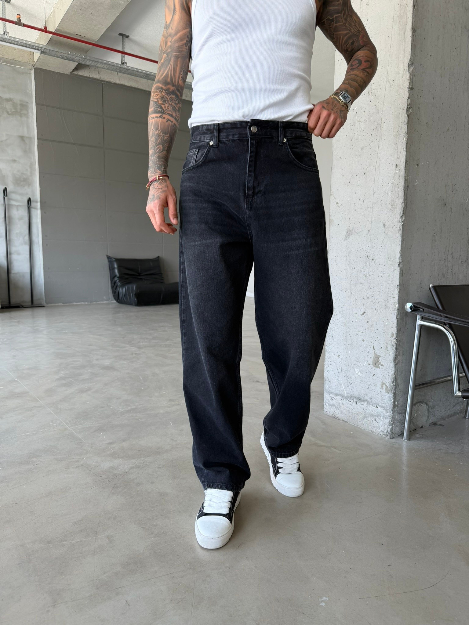 Eskitme Basic Relax Fit Baggy Pantolon - Siyah