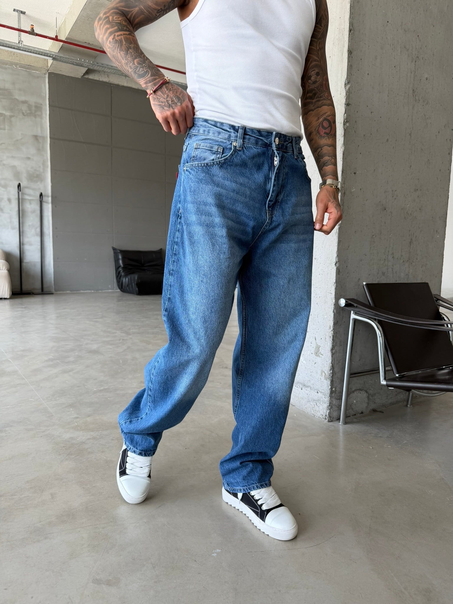 Eskitme Basic Relax Fit Baggy Pantolon - Koyu Mavi