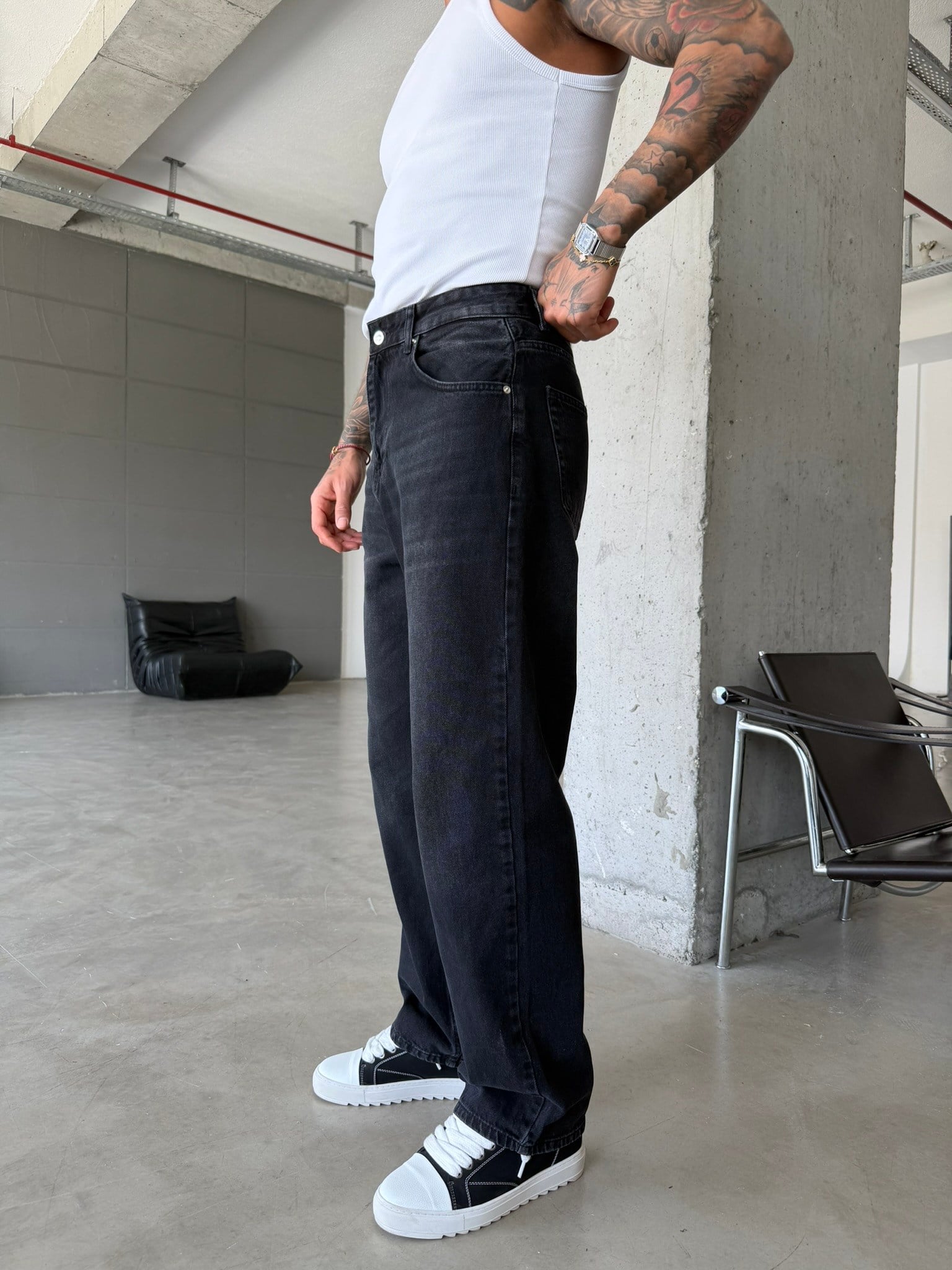 Eskitme Basic Relax Fit Baggy Pantolon - Siyah