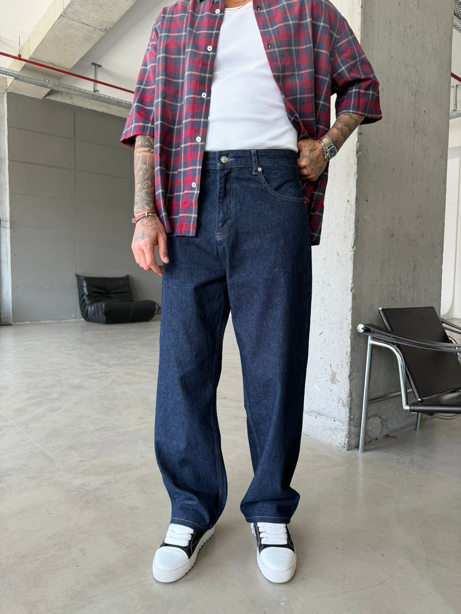 Eskitme Basic Relax Fit Baggy Pantolon -Lacivert