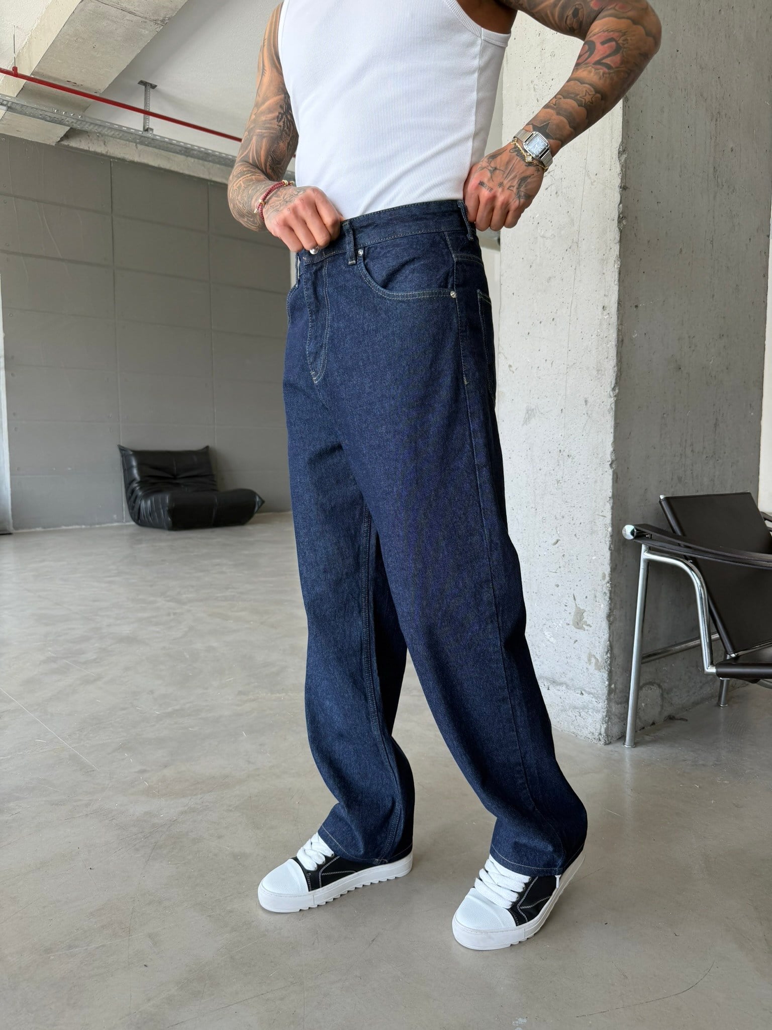 Eskitme Basic Relax Fit Baggy Pantolon -Lacivert