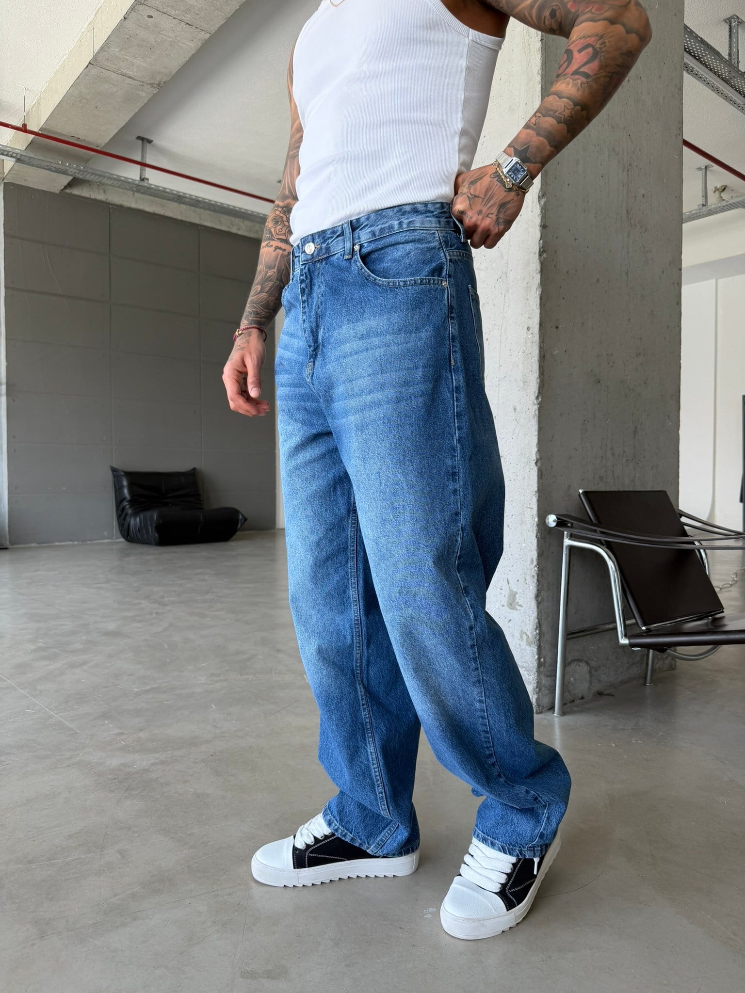 Eskitme Basic Relax Fit Baggy Pantolon - Koyu Mavi