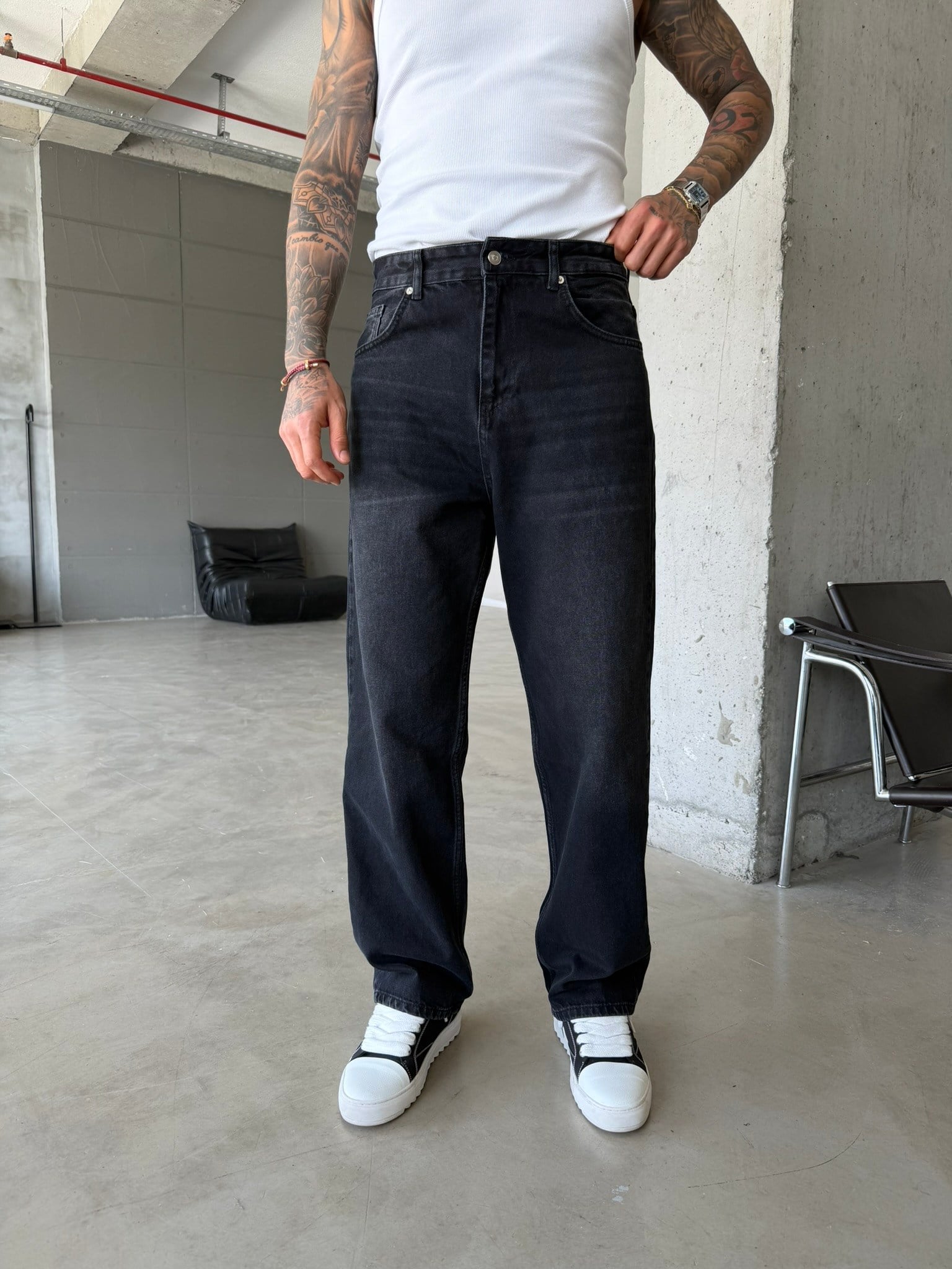 Eskitme Basic Relax Fit Baggy Pantolon - Siyah