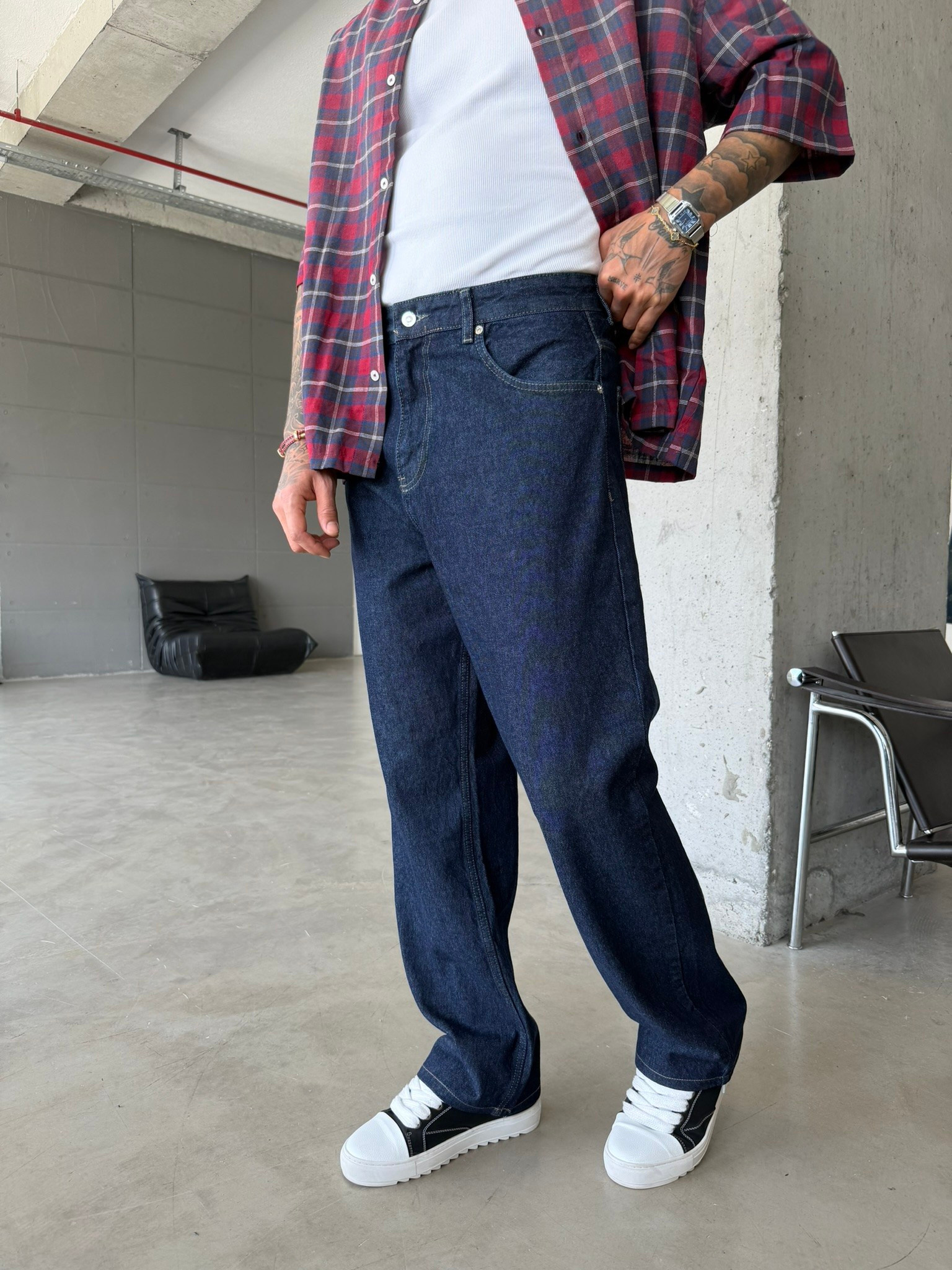 Eskitme Basic Relax Fit Baggy Pantolon -Lacivert