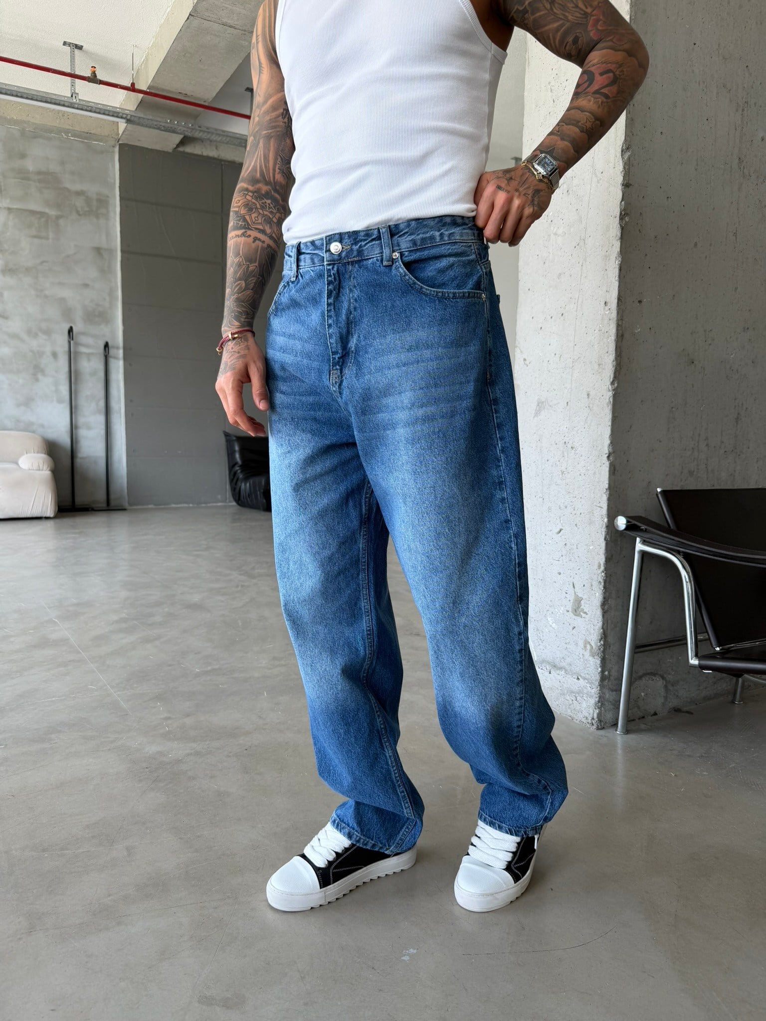 Eskitme Basic Relax Fit Baggy Pantolon - Koyu Mavi