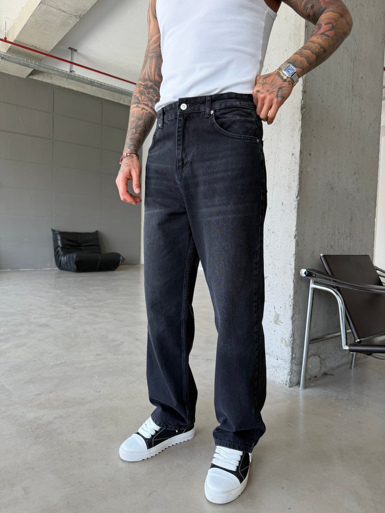 Eskitme Basic Relax Fit Baggy Pantolon - Siyah