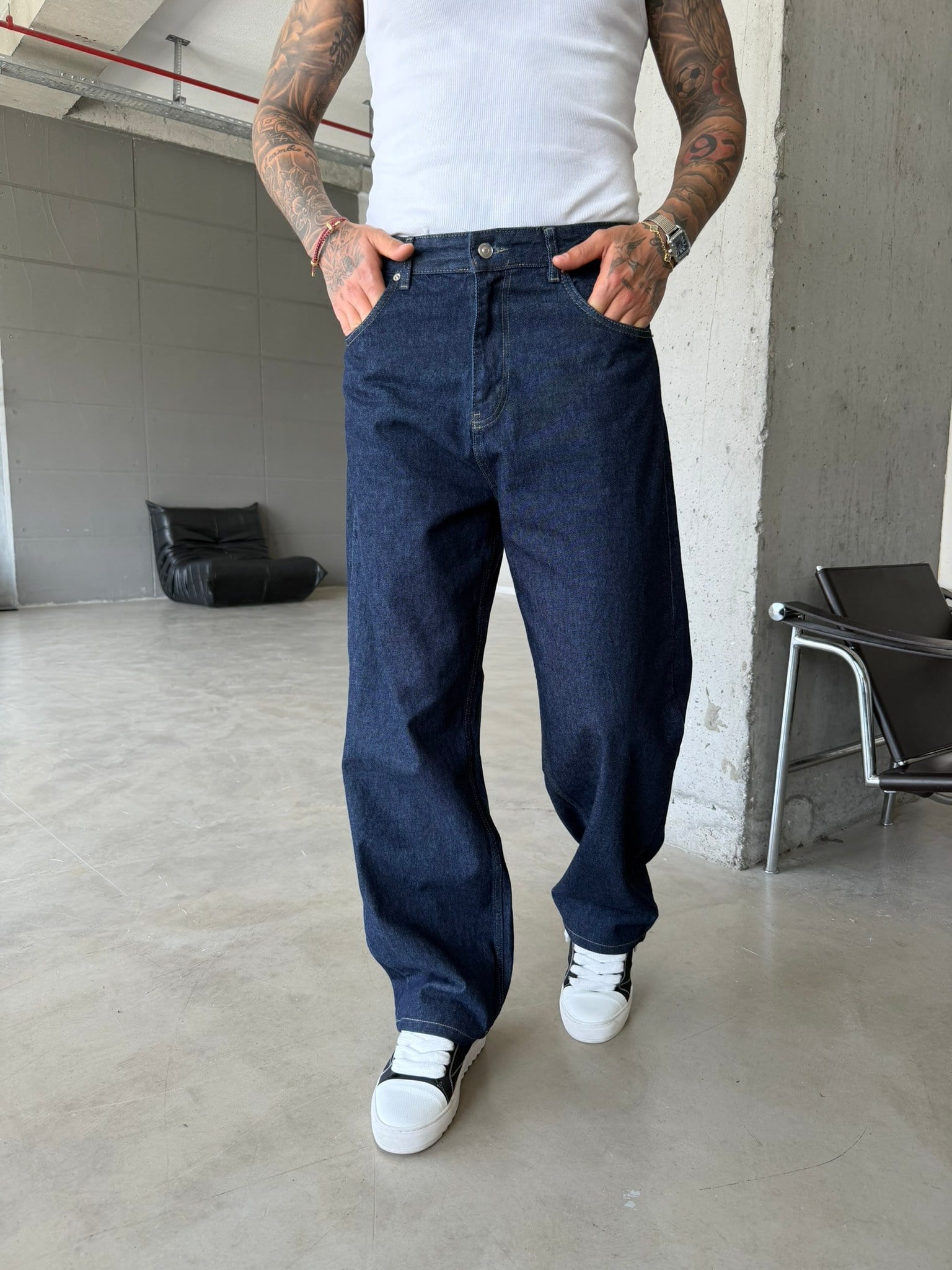 Eskitme Basic Relax Fit Baggy Pantolon -Lacivert