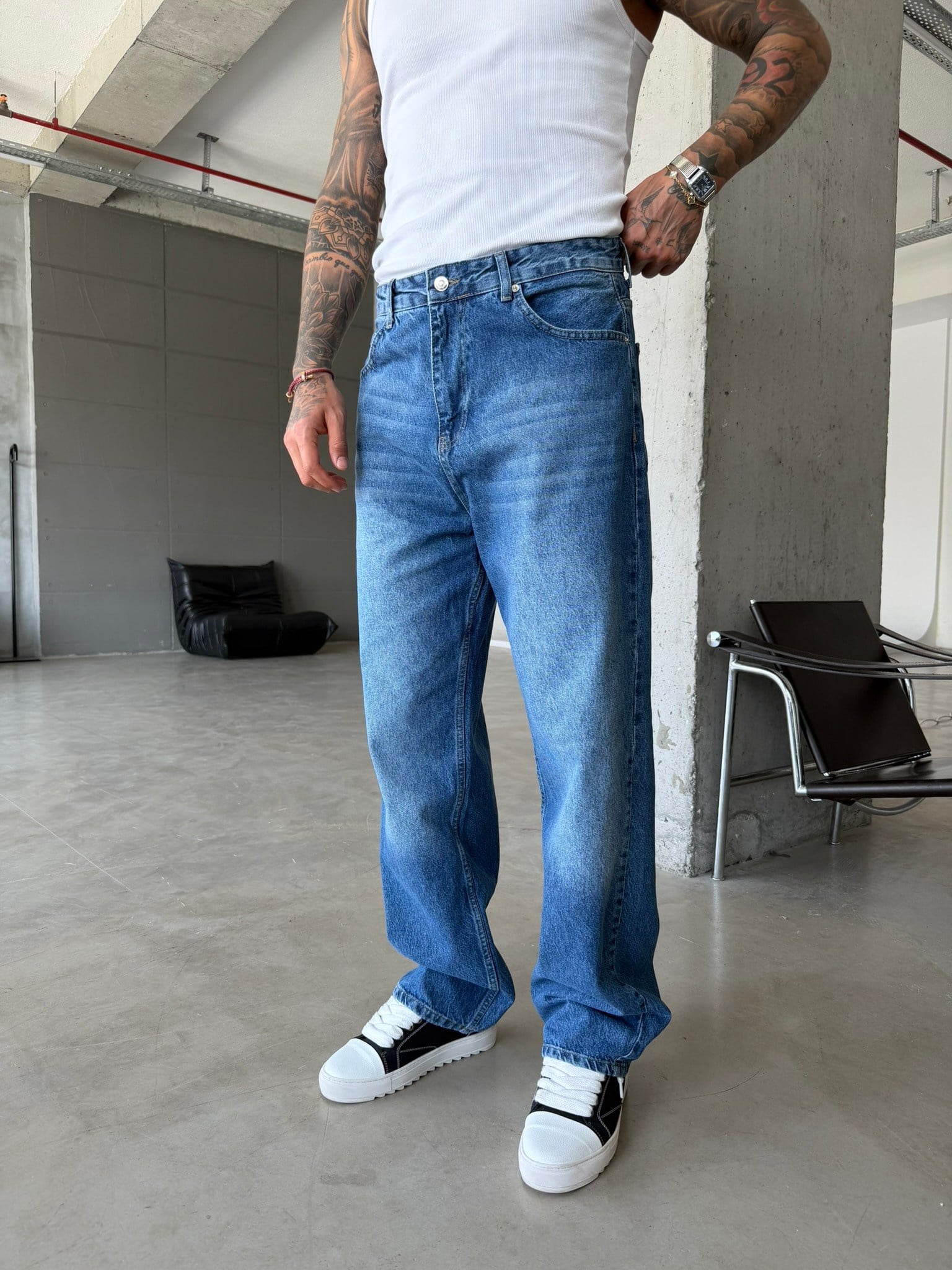 Eskitme Basic Relax Fit Baggy Pantolon - Koyu Mavi