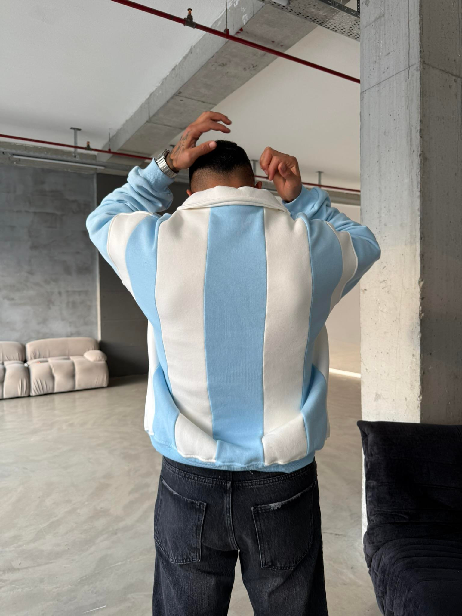 Essence Cizgili Yarım Fermuar Sweat - Bebe Mavi