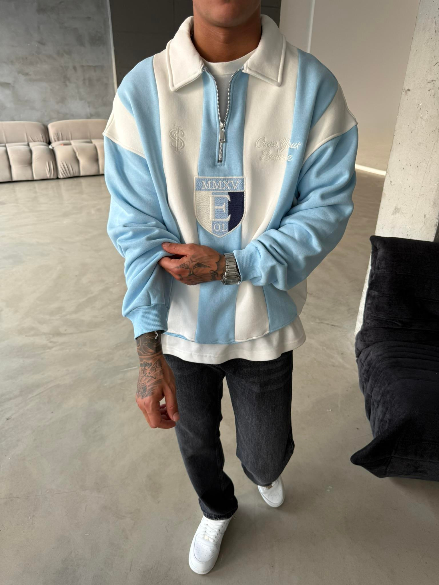 Essence Cizgili Yarım Fermuar Sweat - Bebe Mavi