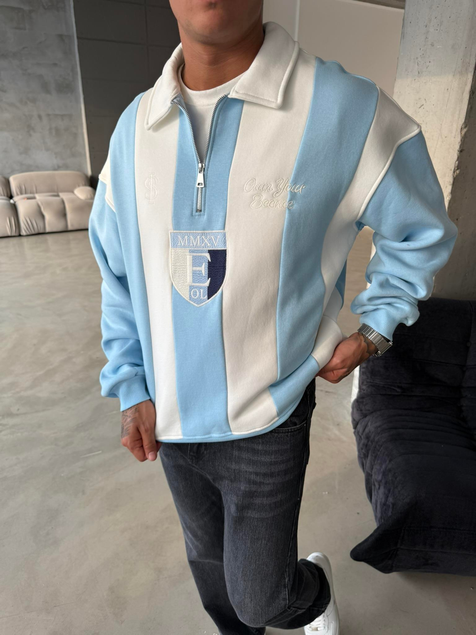 Essence Cizgili Yarım Fermuar Sweat - Bebe Mavi