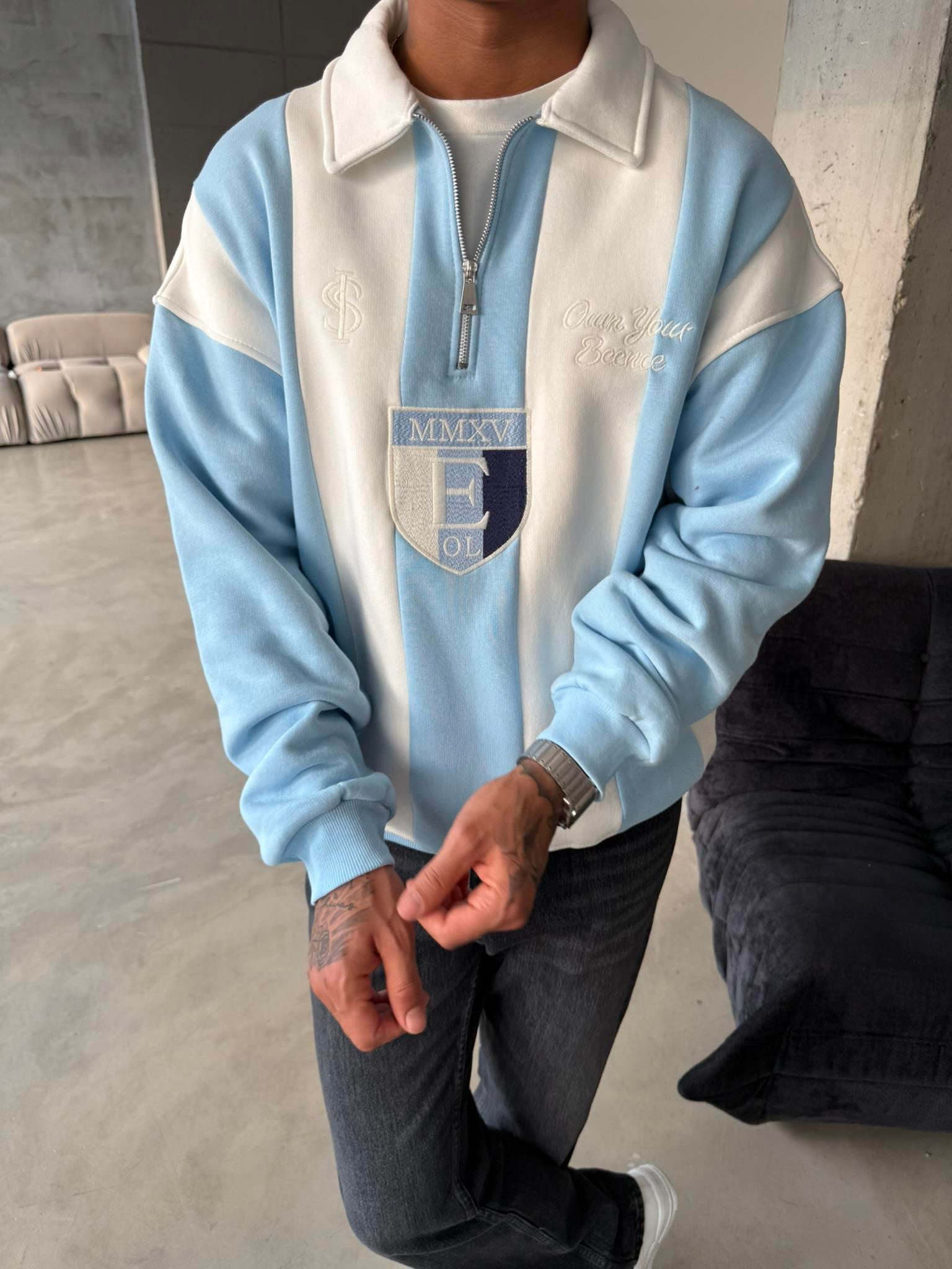 Essence Cizgili Yarım Fermuar Sweat - Bebe Mavi