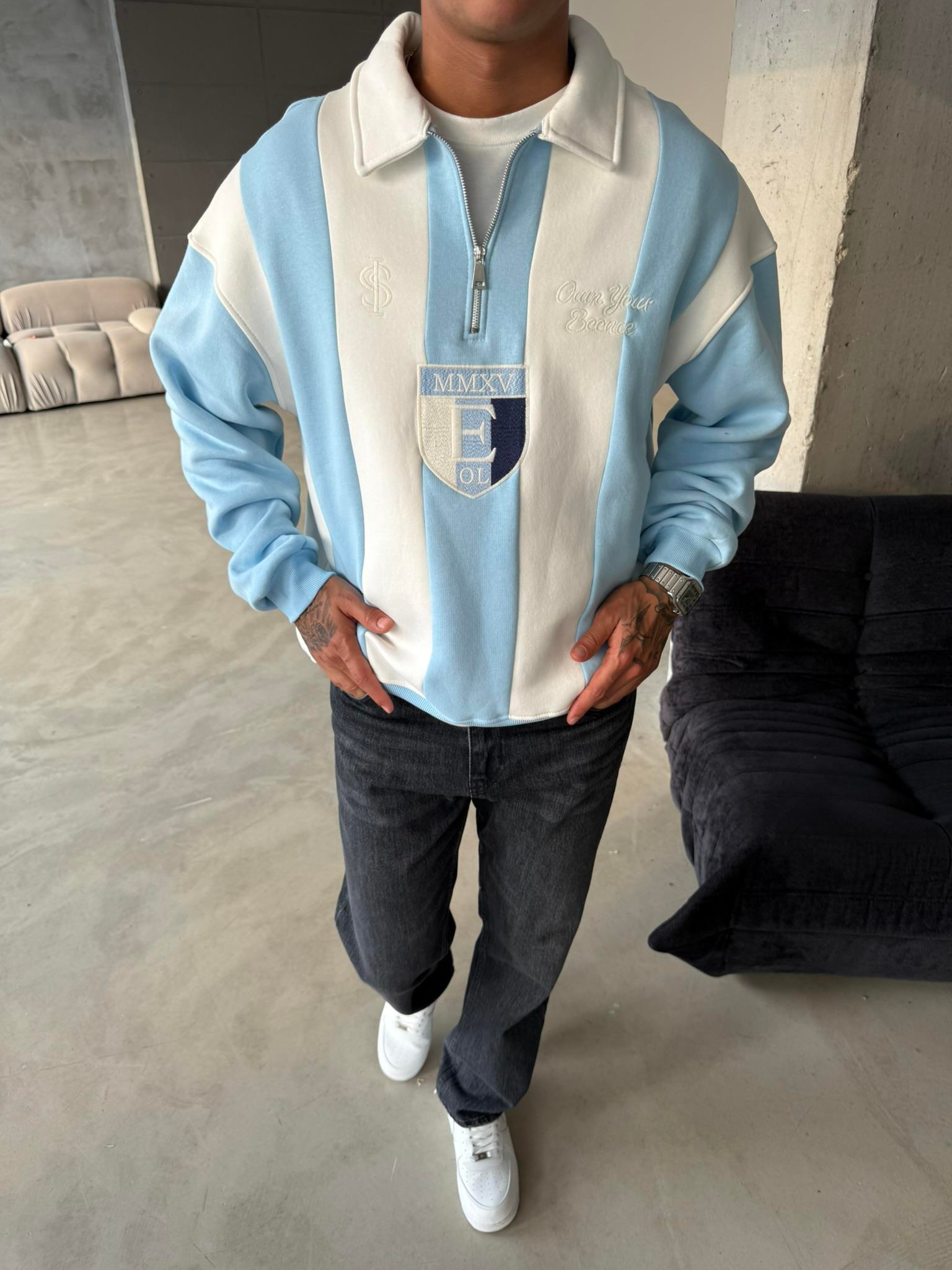 Essence Cizgili Yarım Fermuar Sweat - Bebe Mavi