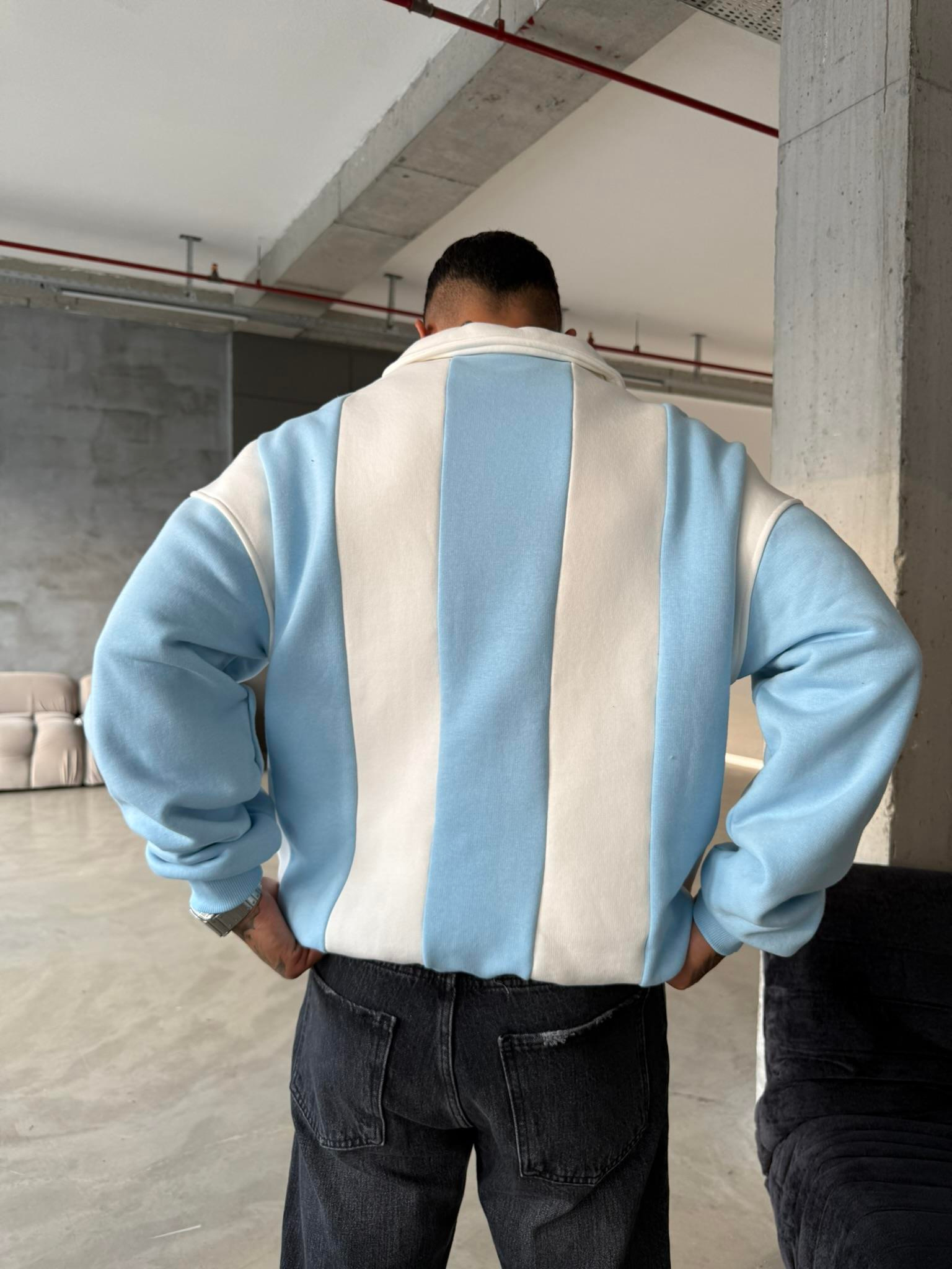 Essence Cizgili Yarım Fermuar Sweat - Bebe Mavi