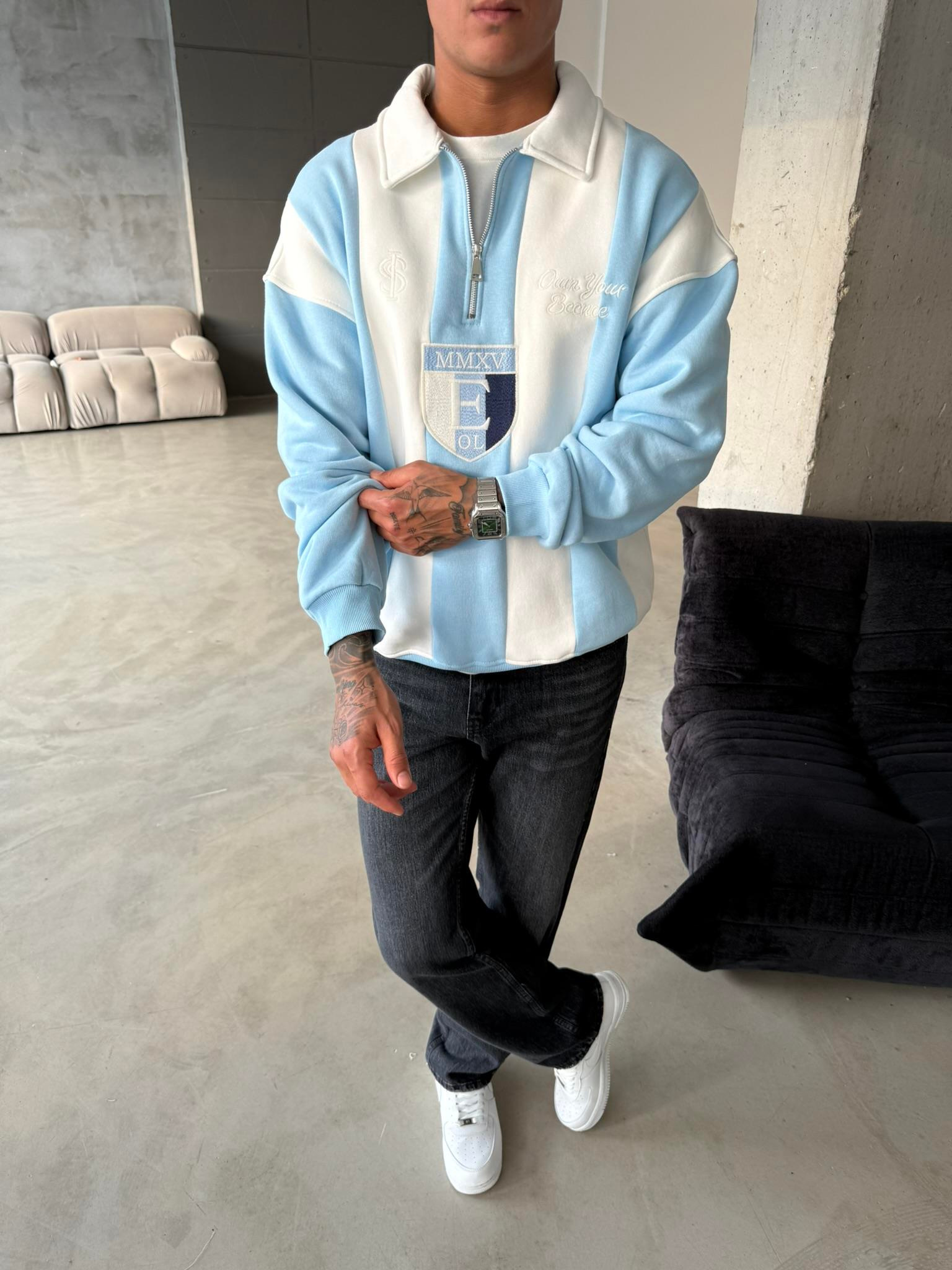 Essence Cizgili Yarım Fermuar Sweat - Bebe Mavi