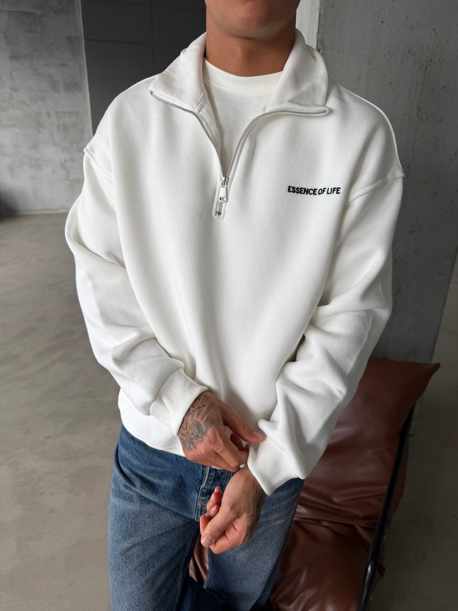 Essence Yarım Fermuar Sweat - Beyaz