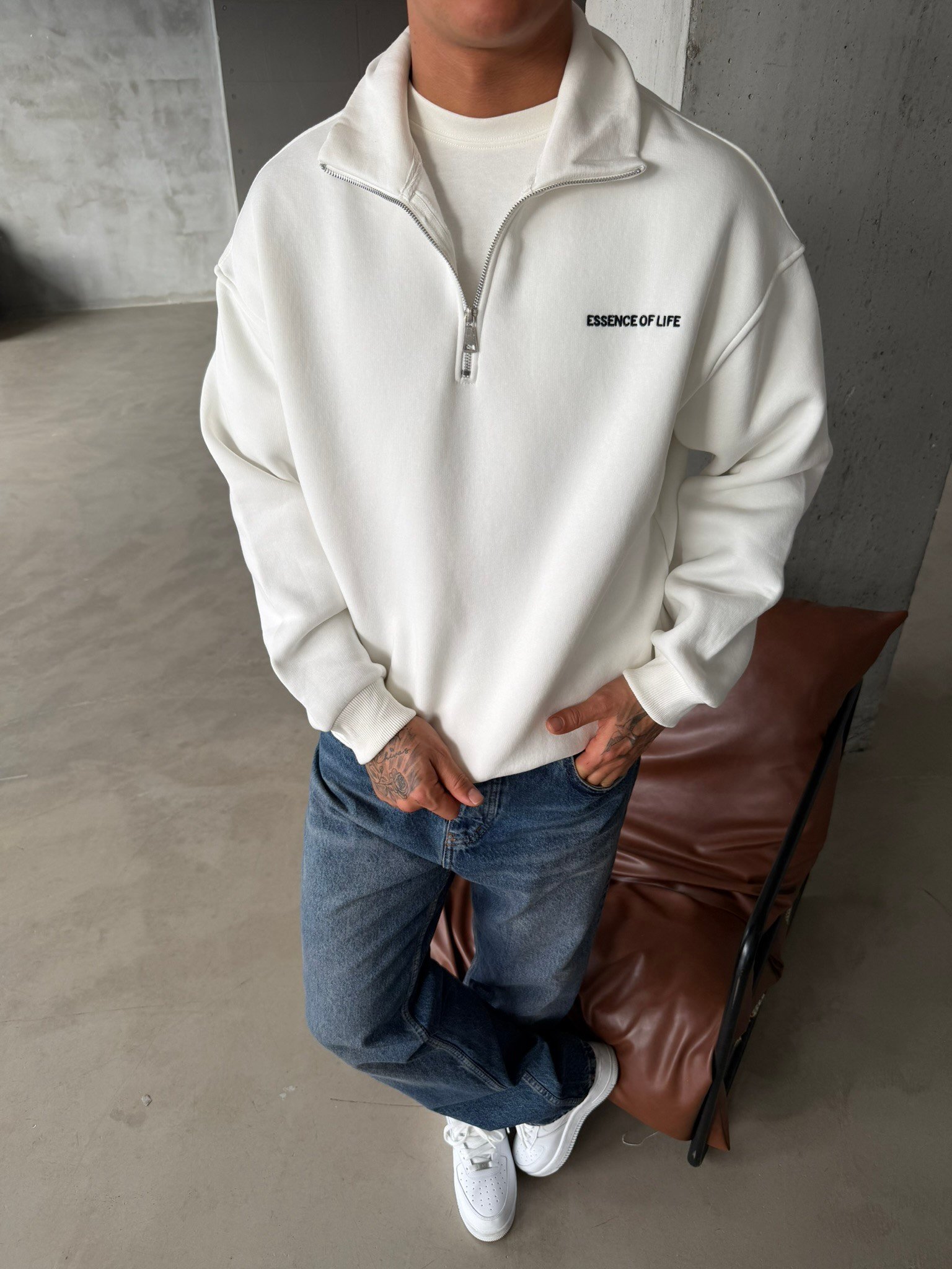 Essence Yarım Fermuar Sweat - Beyaz