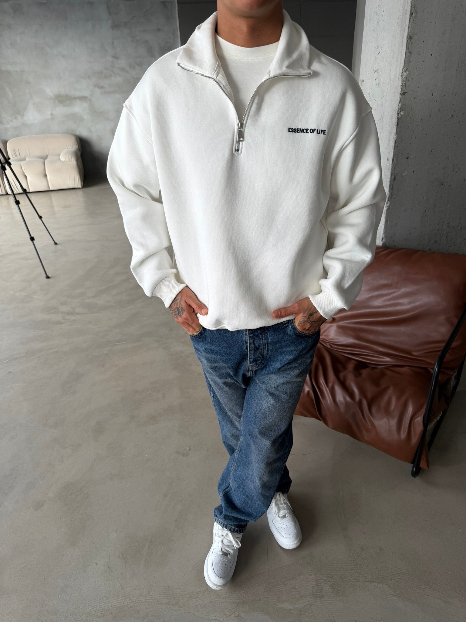 Essence Yarım Fermuar Sweat - Beyaz