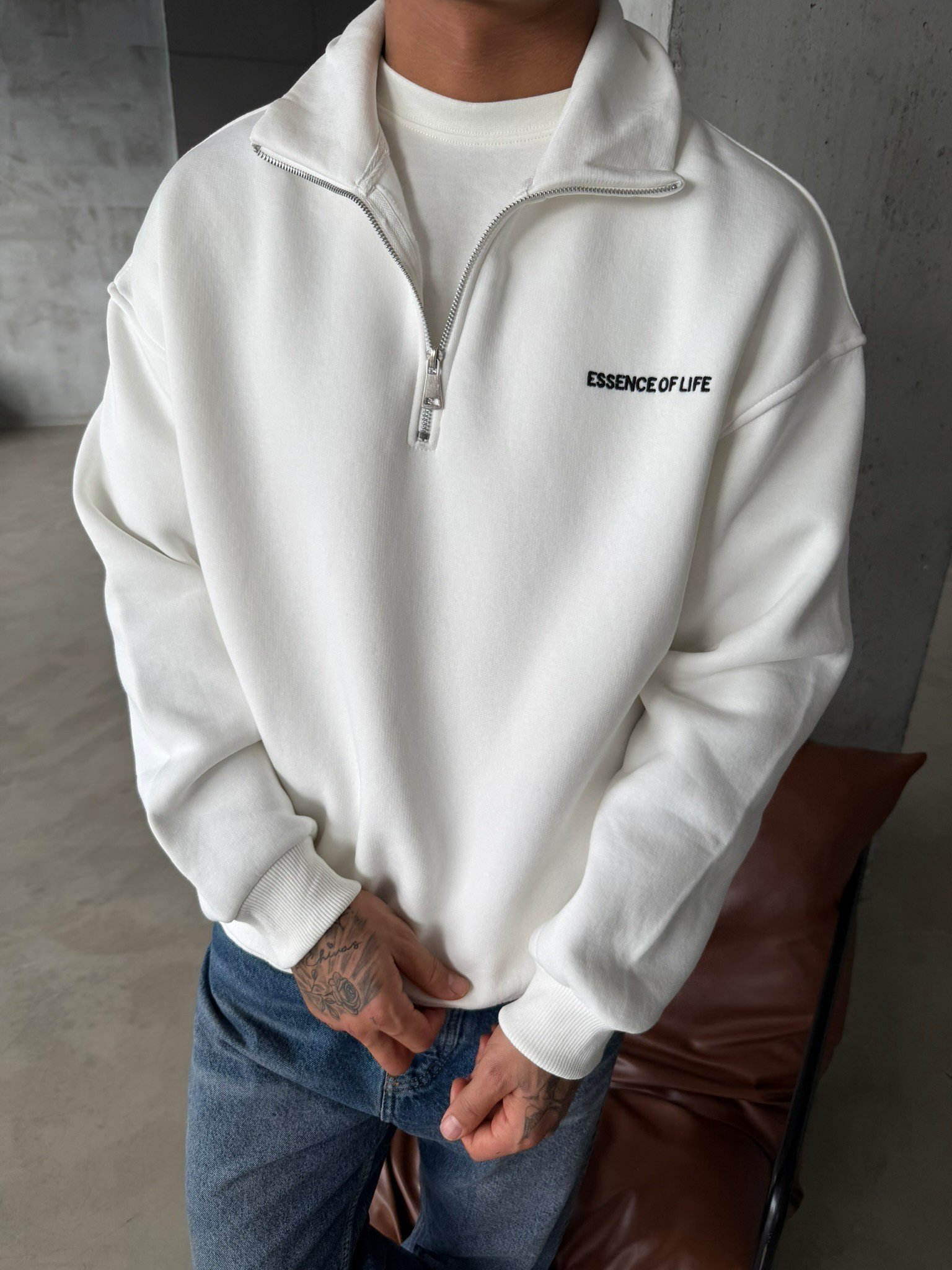 Essence Yarım Fermuar Sweat - Beyaz