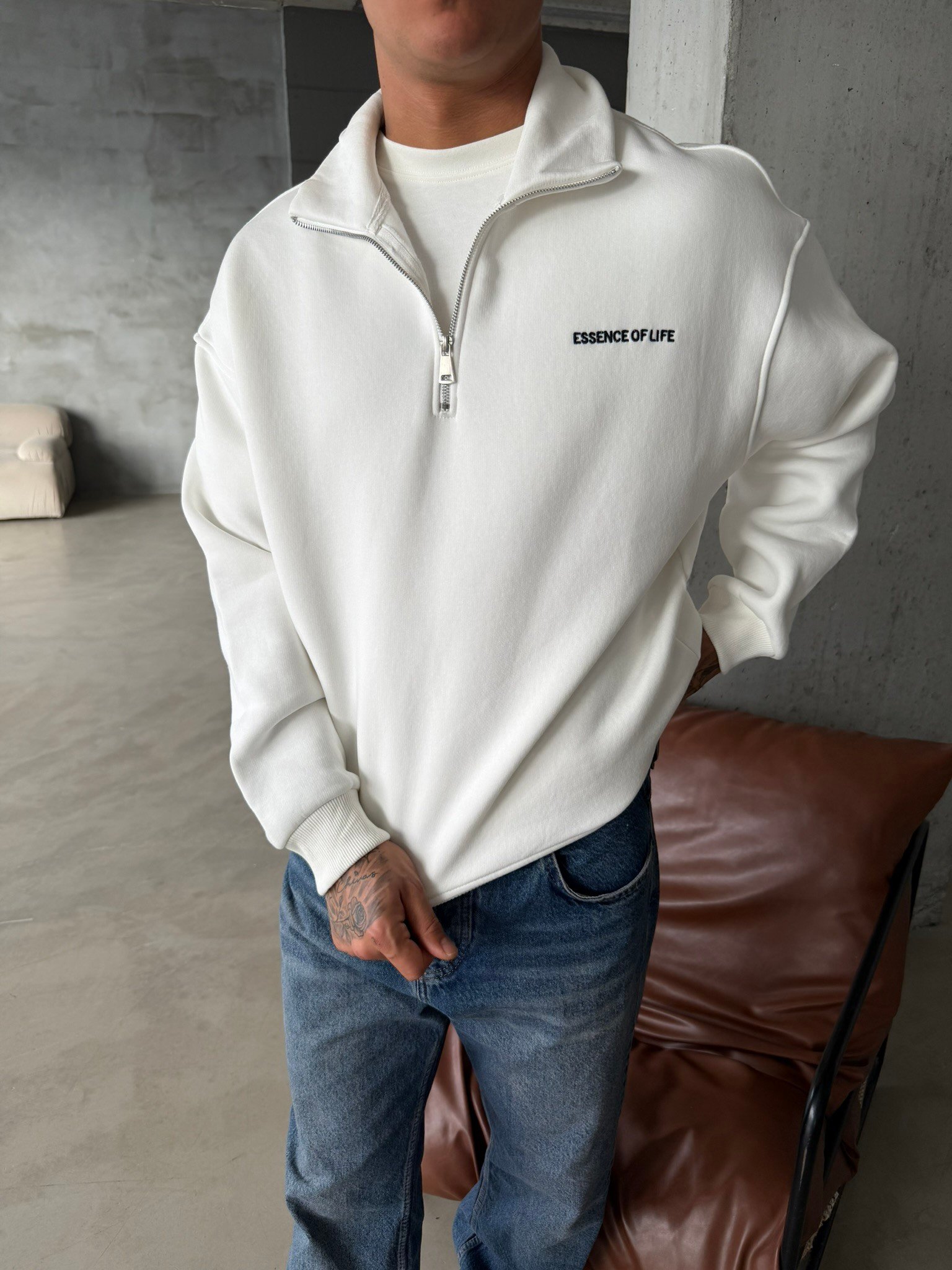 Essence Yarım Fermuar Sweat - Beyaz