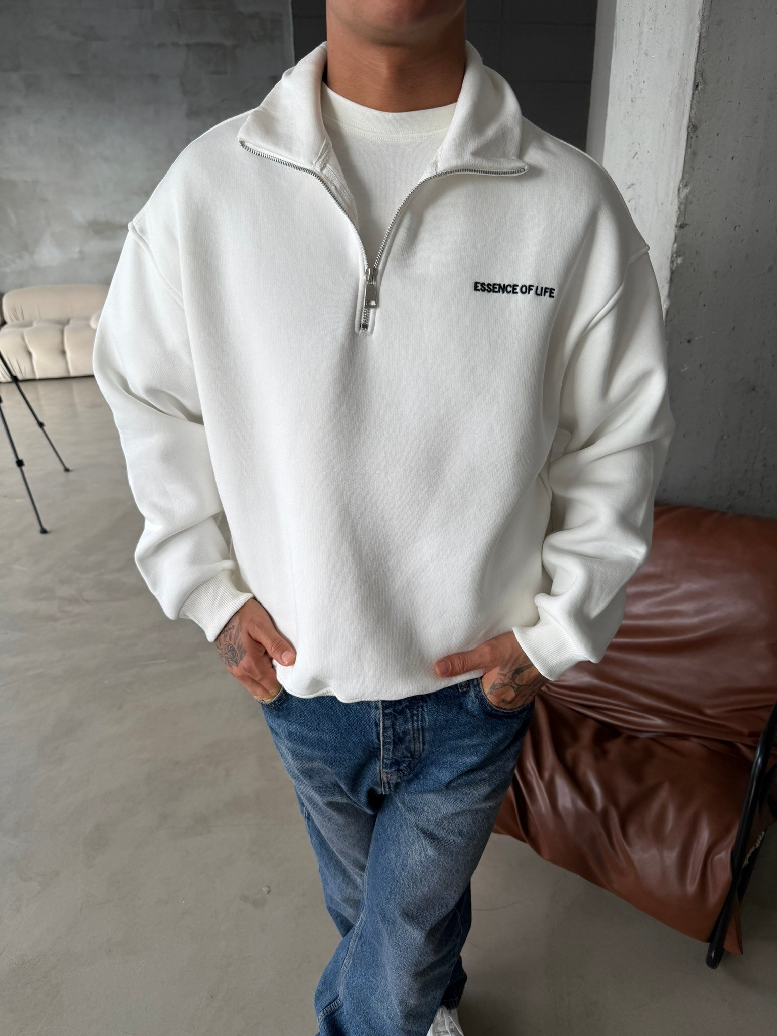 Essence Yarım Fermuar Sweat - Beyaz