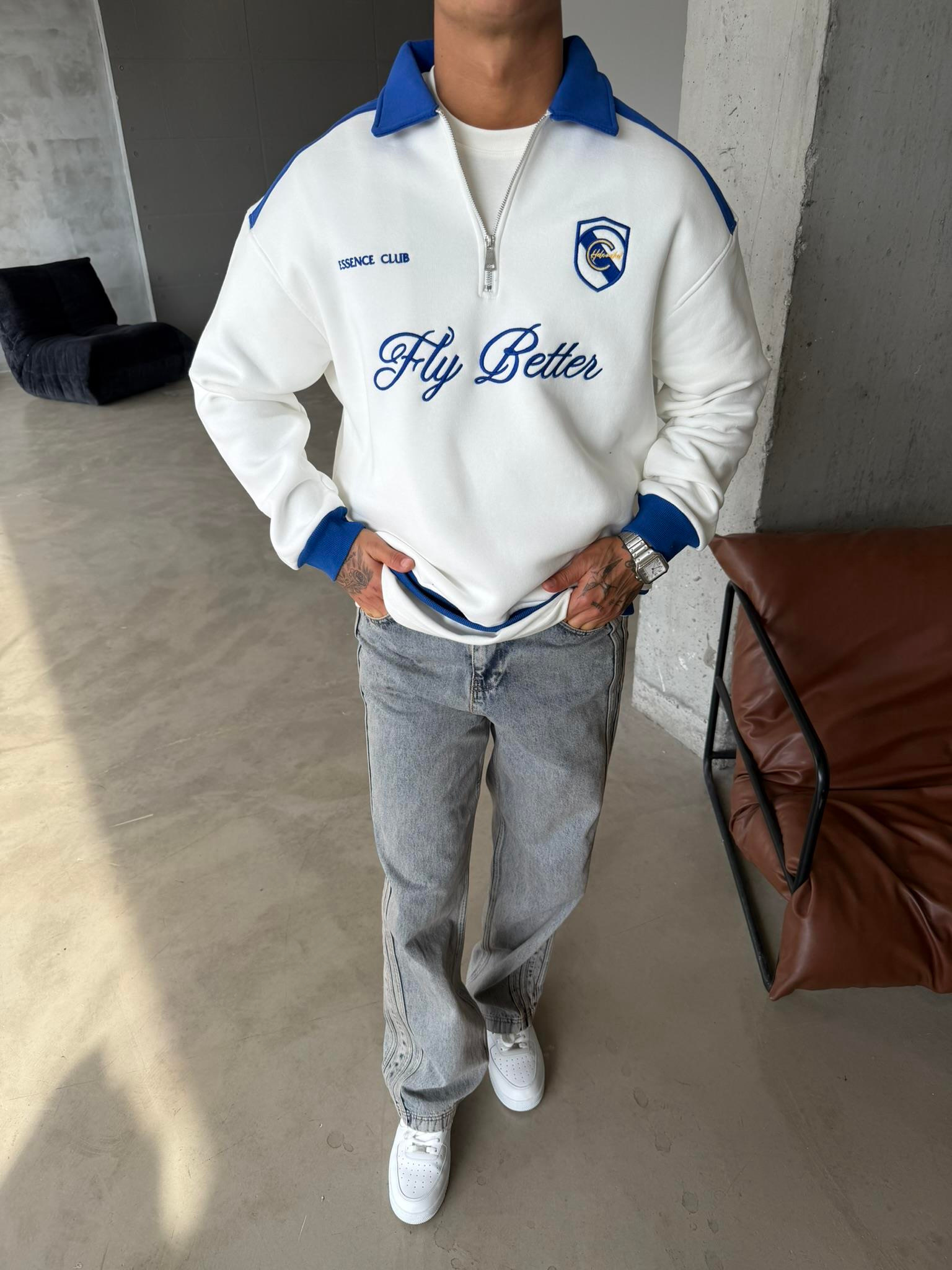 Fly Better Yarım Fermuar Sweat - Beyaz