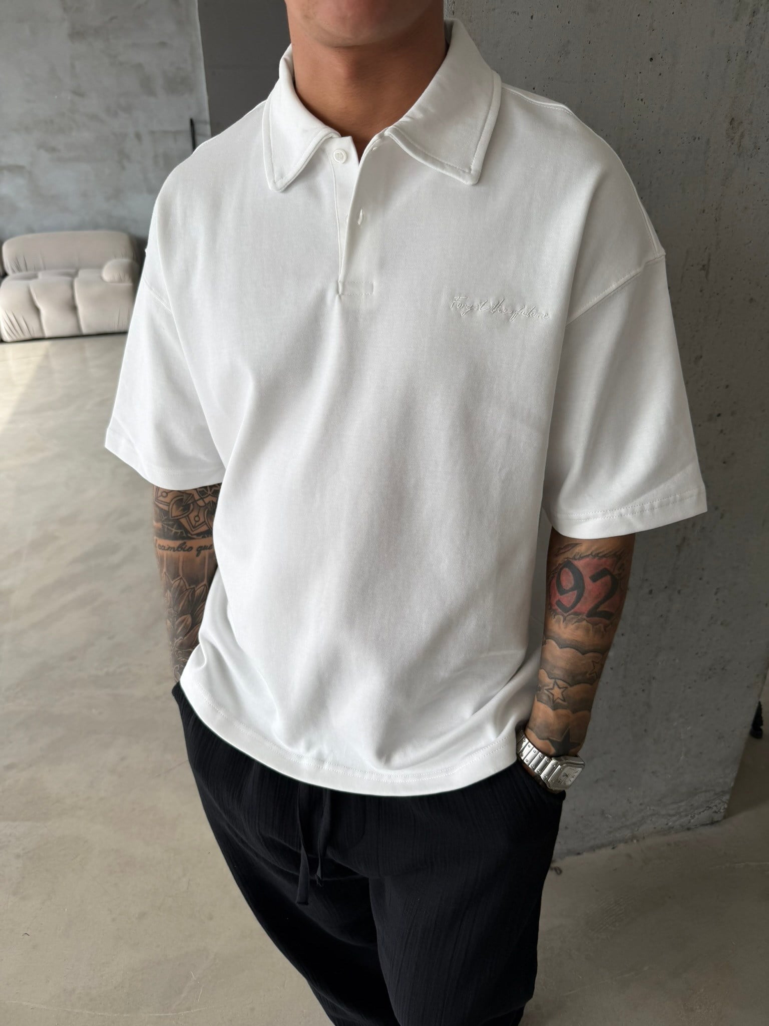 Forget The Future Nakışlı Basic Polo Yaka - Beyaz