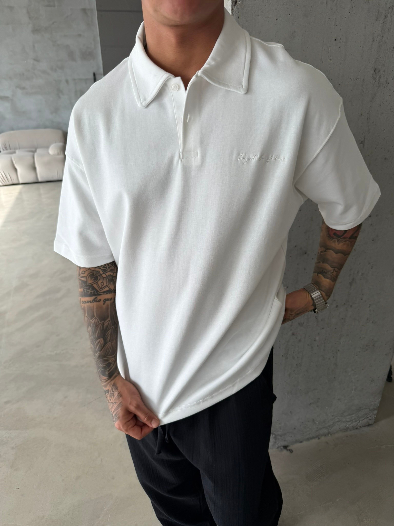 Forget The Future Nakışlı Basic Polo Yaka - Beyaz