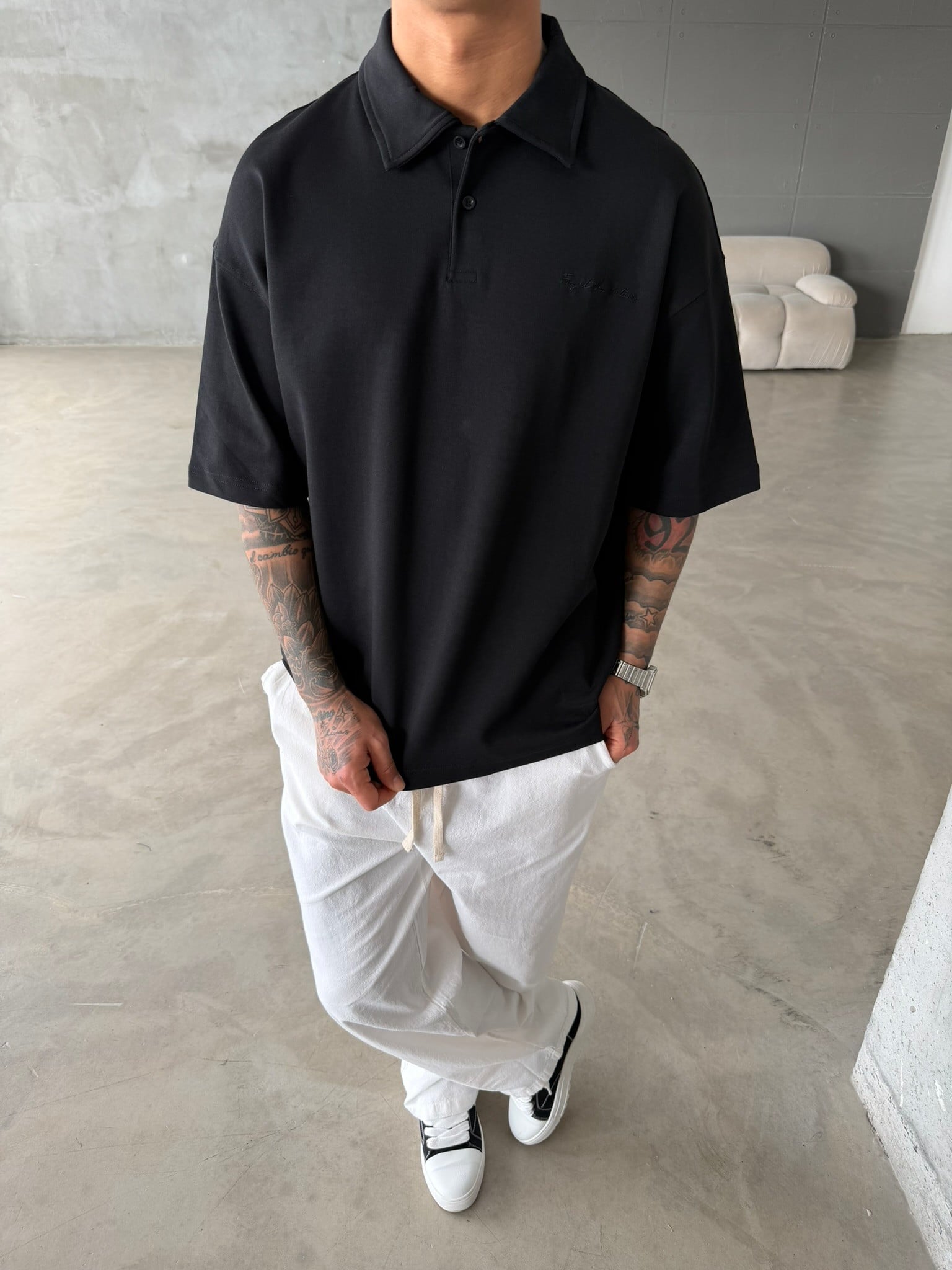 Forget The Future Nakışlı Basic Polo Yaka - Siyah