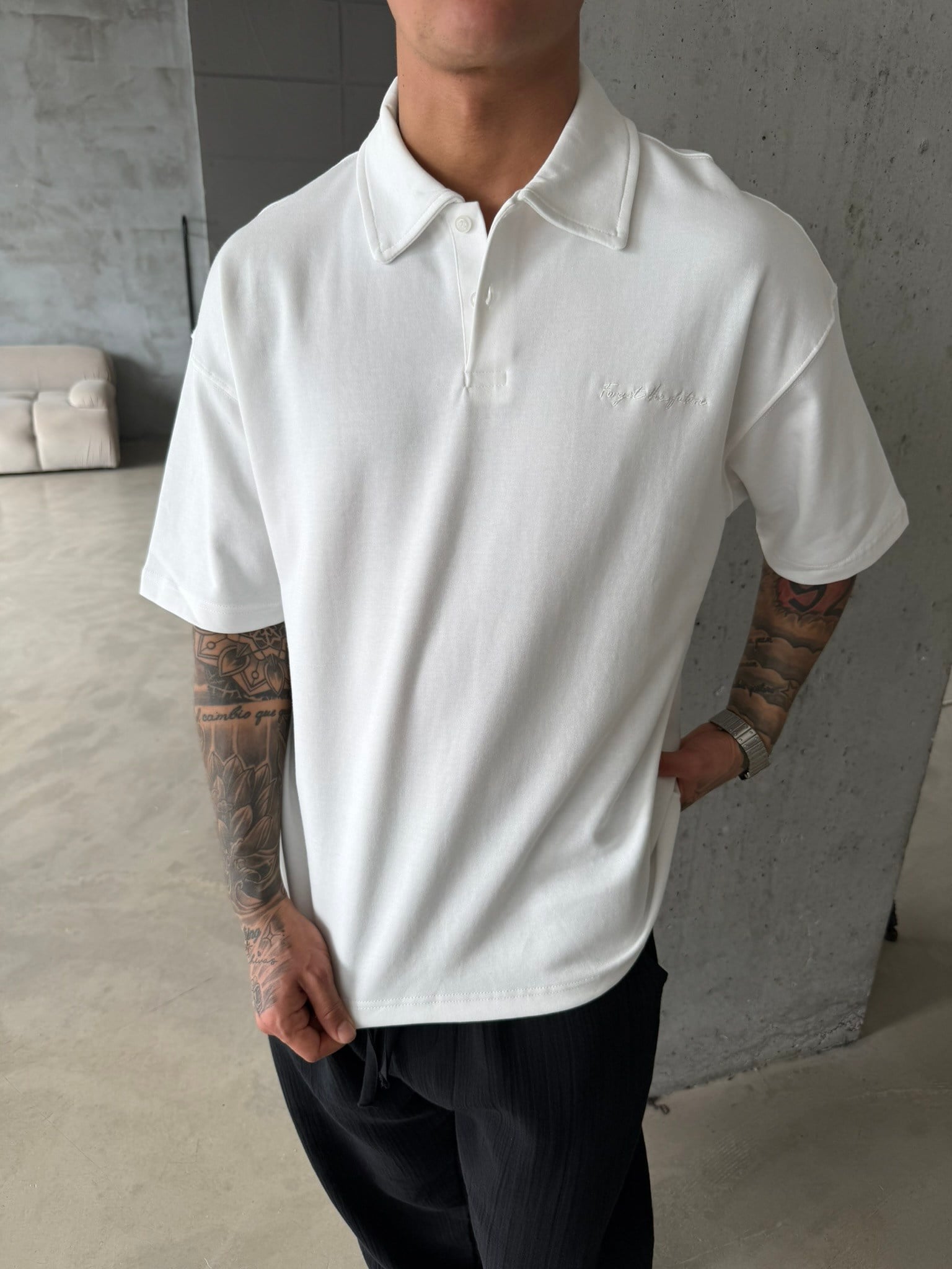 Forget The Future Nakışlı Basic Polo Yaka - Beyaz