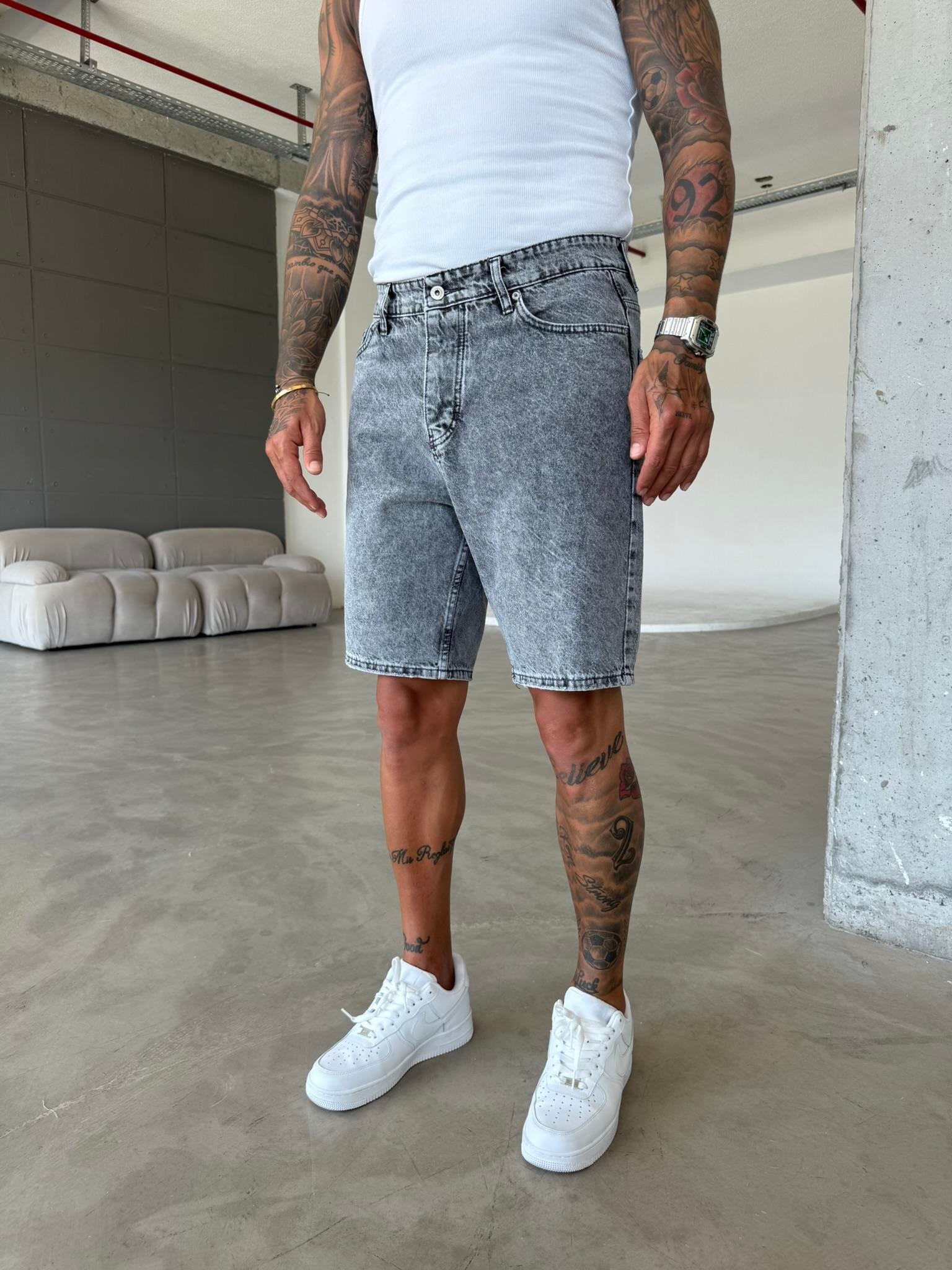 Gri Yıkamalı Denim Şort - Gri