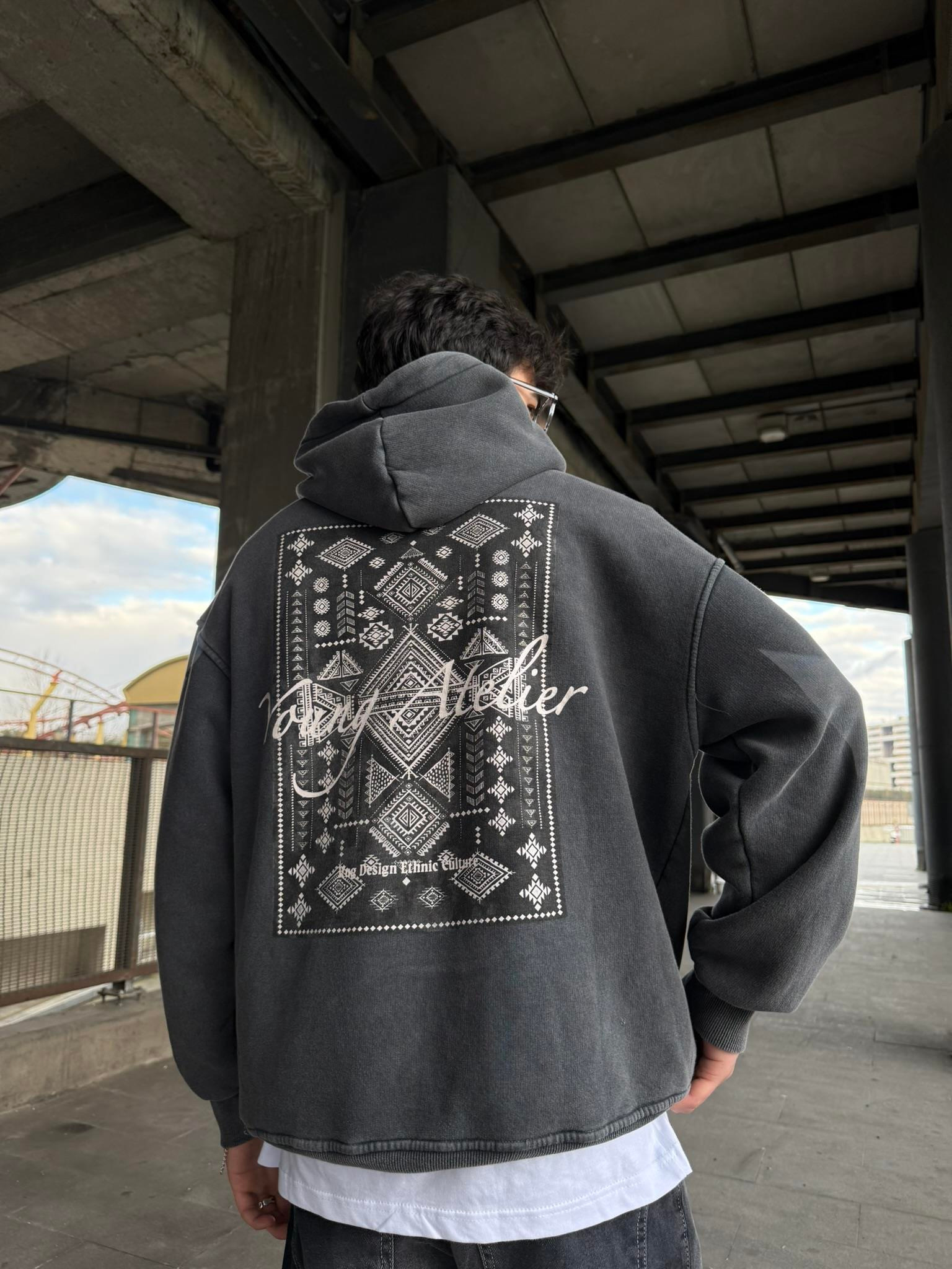 Halı Desen Patchli Yıkamalı Premium Hoodie Sweatshirt Siyah