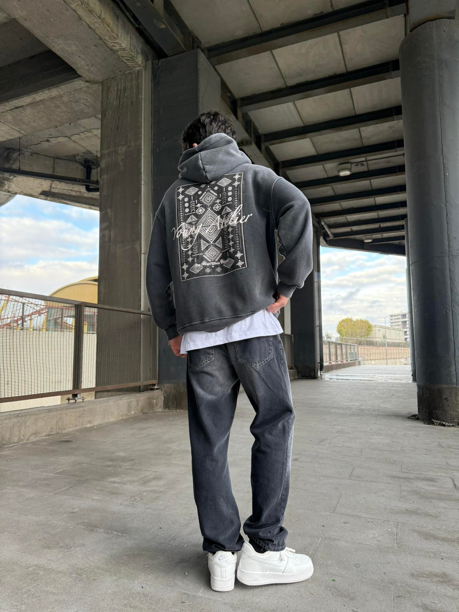 Halı Desen Patchli Yıkamalı Premium Hoodie Sweatshirt Siyah