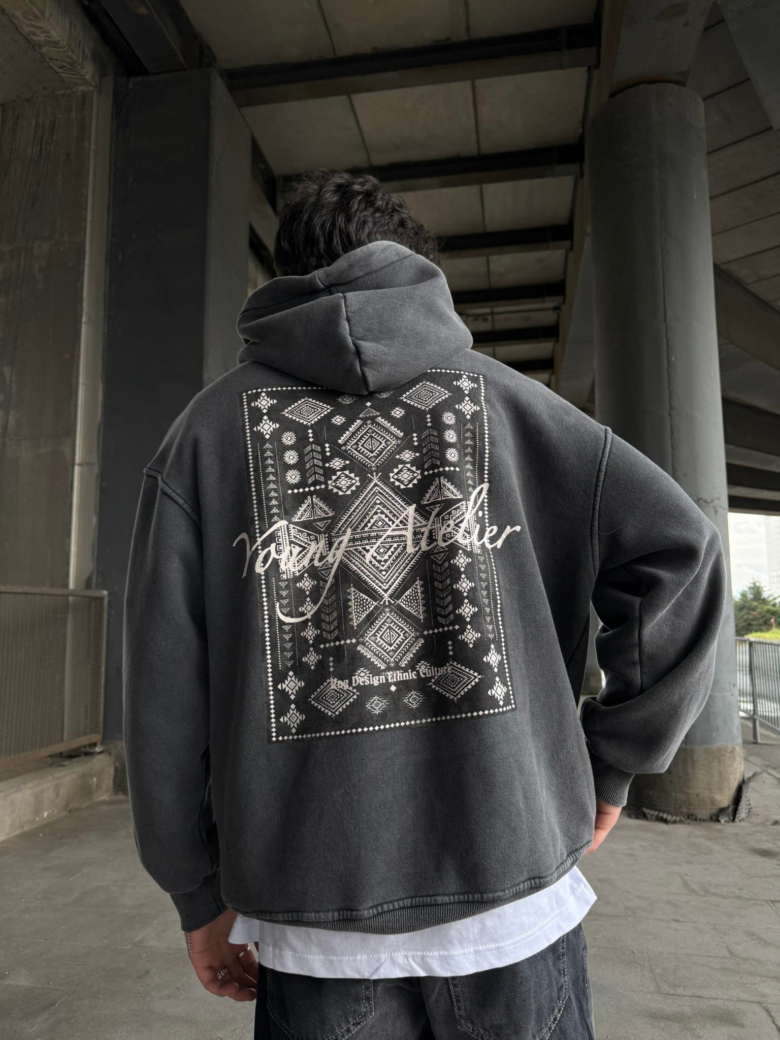 Halı Desen Patchli Yıkamalı Premium Hoodie Sweatshirt Siyah