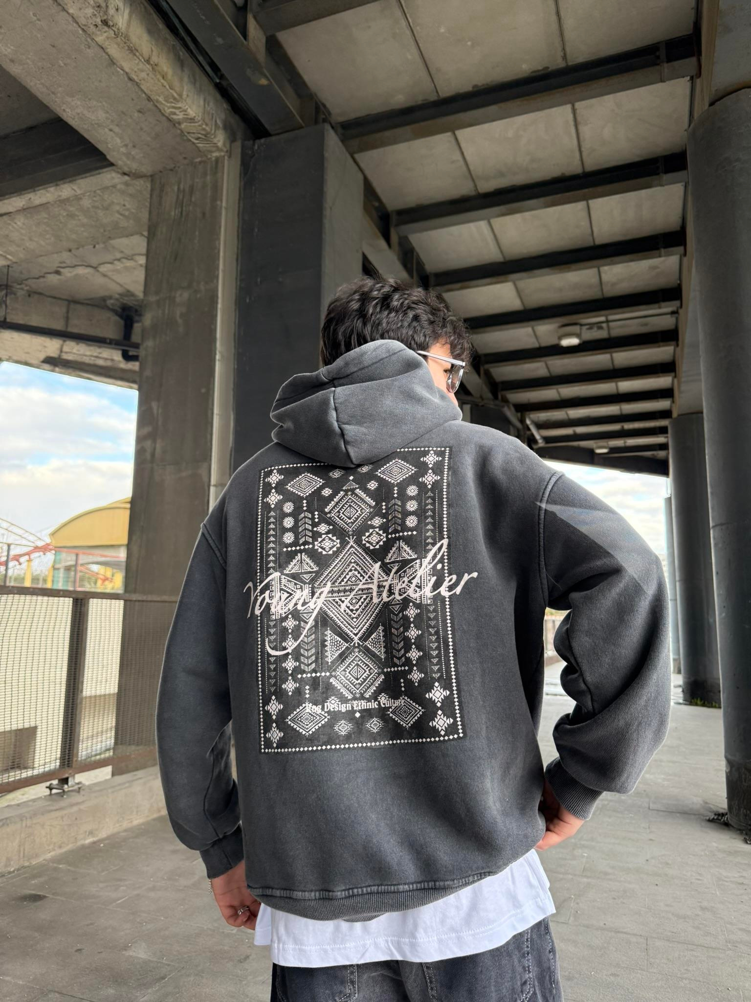 Halı Desen Patchli Yıkamalı Premium Hoodie Sweatshirt Siyah