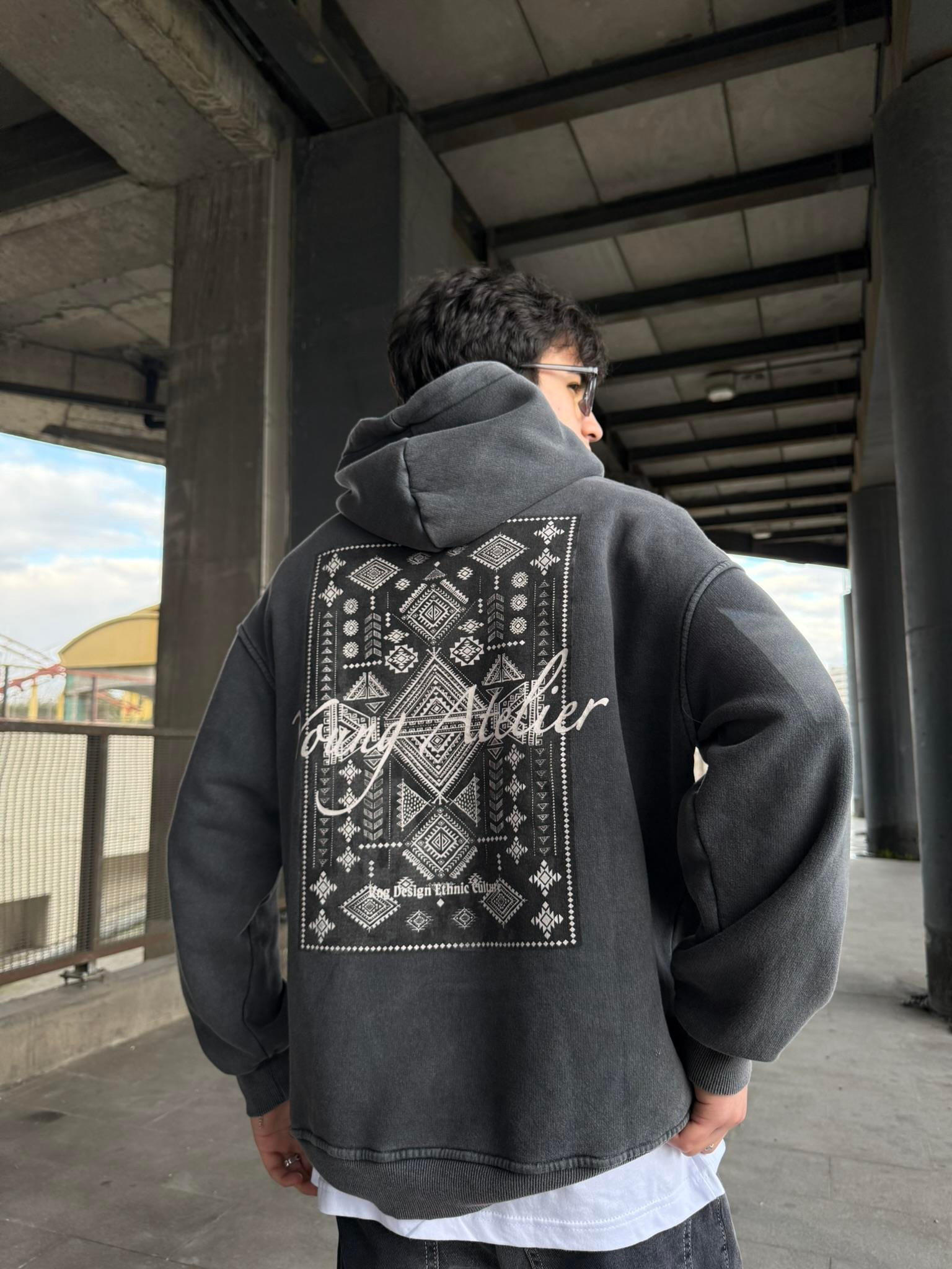 Halı Desen Patchli Yıkamalı Premium Hoodie Sweatshirt Siyah
